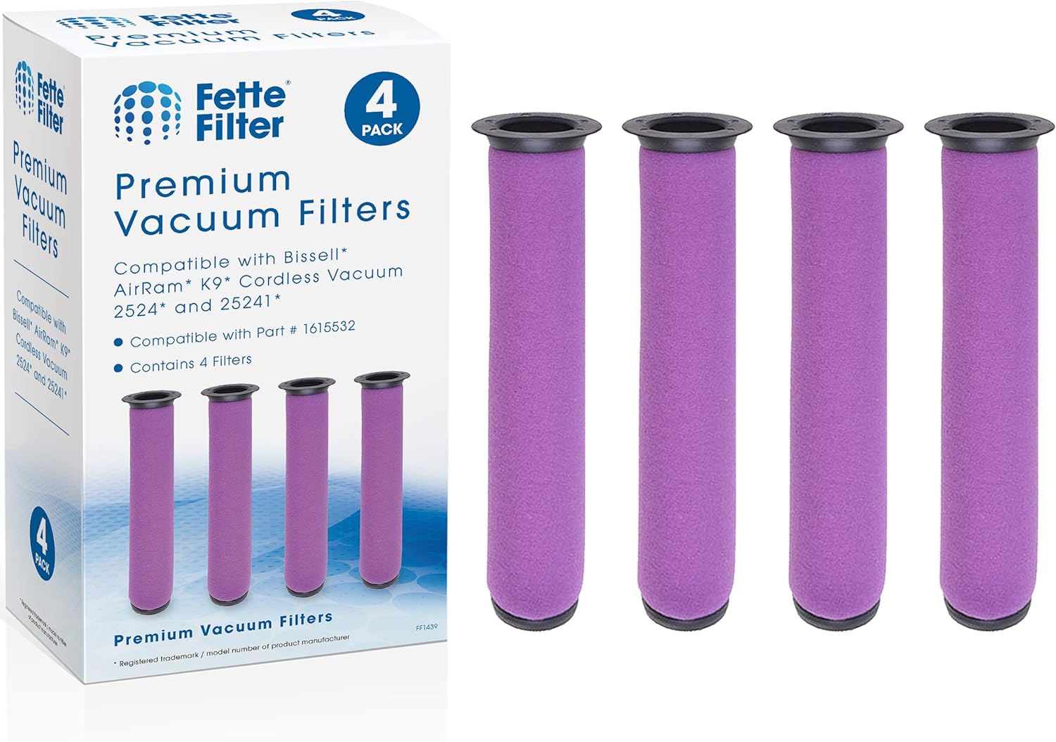 Fette Filter - Vacuum Filter Compatible with Bissell AirRam K9 Cordless Vacuum 2524 and 25241. Compare to Part #1615532 &1611215 Pack of 4