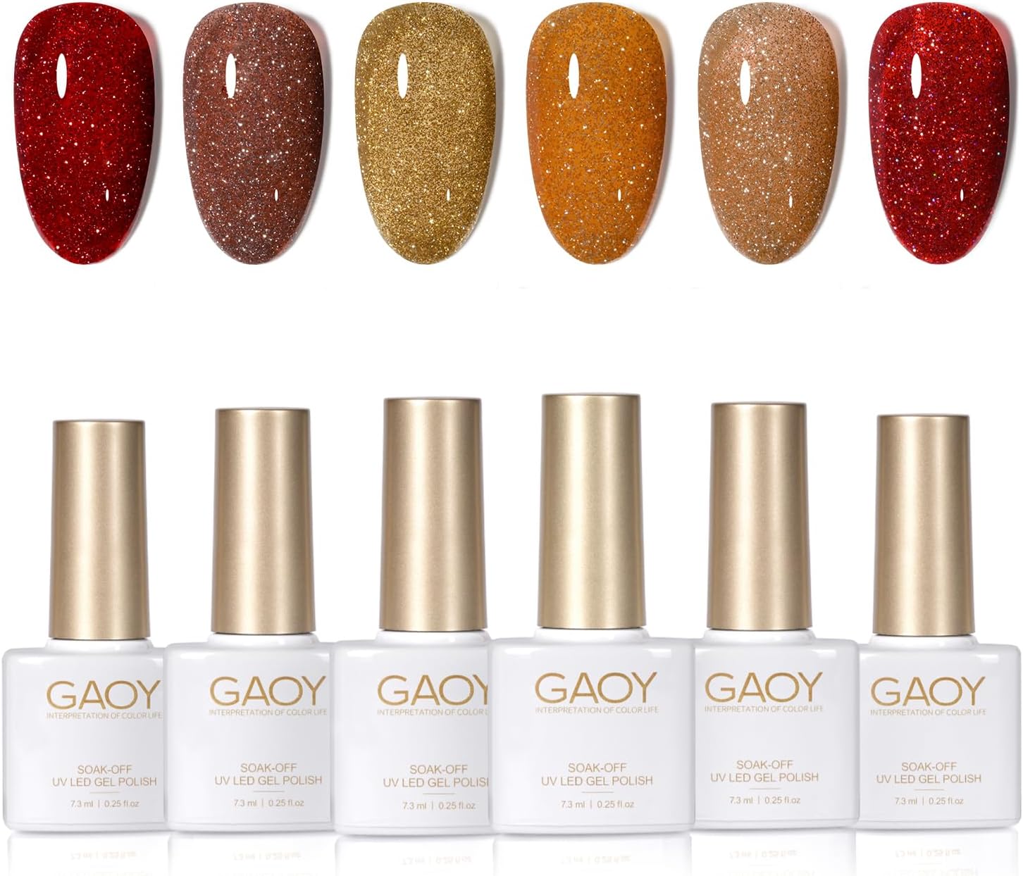 GAOY Reflective Glitter Gel Nail Polish Set of 6 Colors Including Red Yellow Brown Orange Gel Polish Kit for Nail Art DIY Manicure and Pedicure at Home