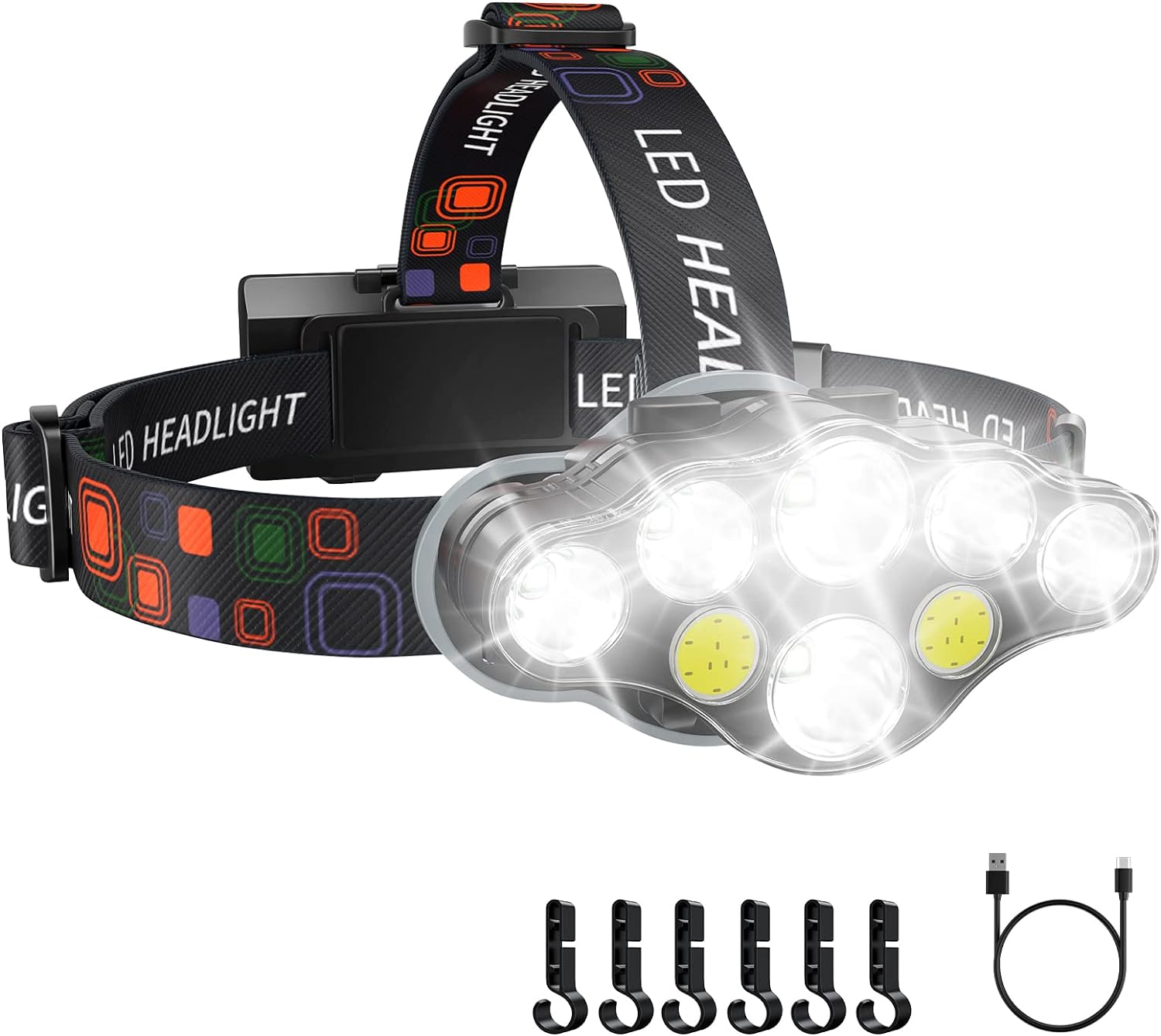 Rechargeable Headlamp, 8 LED 18000 High Lumen Bright Headlamp with Red Light, IPX4 Waterproof USB Headlight, Head Lamp, 8 Modes for Outdoor Running Hunting Hiking Camping Gear