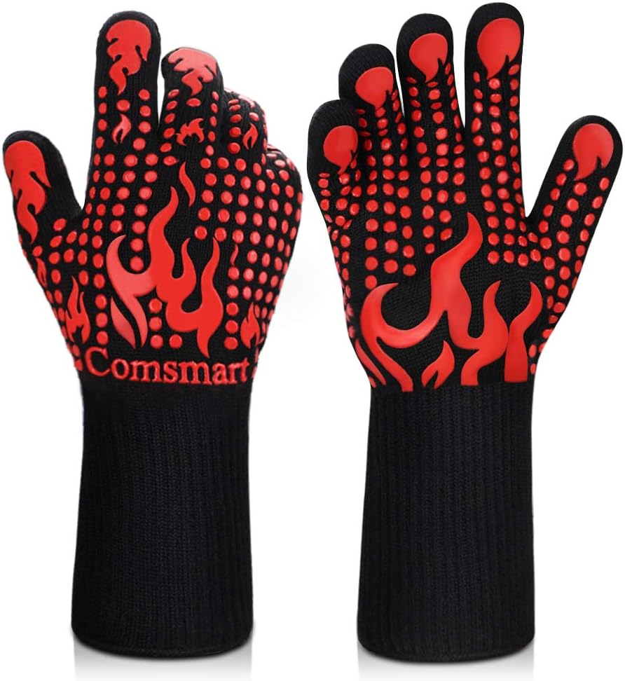 Comsmart BBQ Gloves, 1472 Degree F Heat Resistant Grilling Gloves Silicone Non-Slip Oven Gloves Long Kitchen Gloves for Barbecue, Cooking, Baking, Cutting