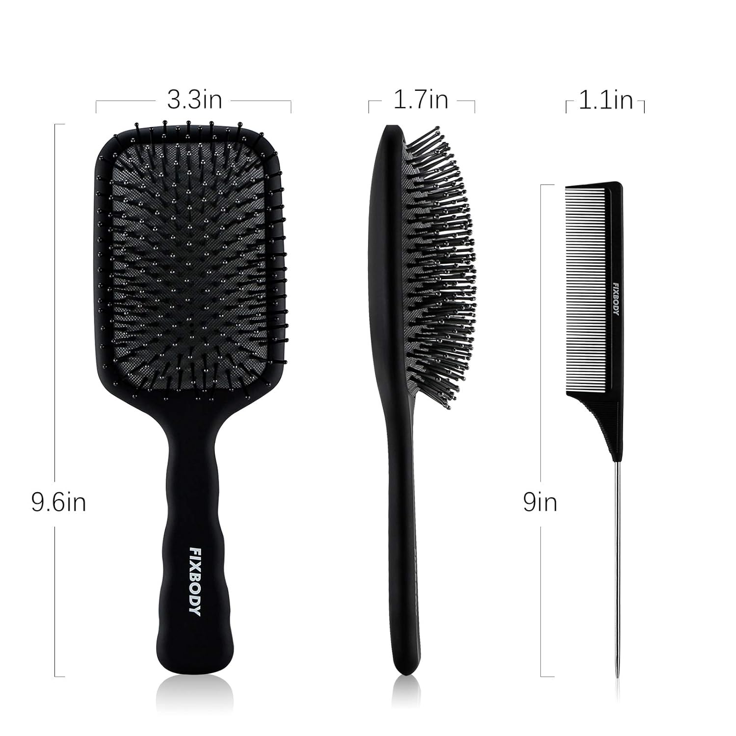 FIXBODY Paddle Hair Brush Tail Comb set for Women Men and Kids Make Thin Long Curly Hair Health and Massa (Black)