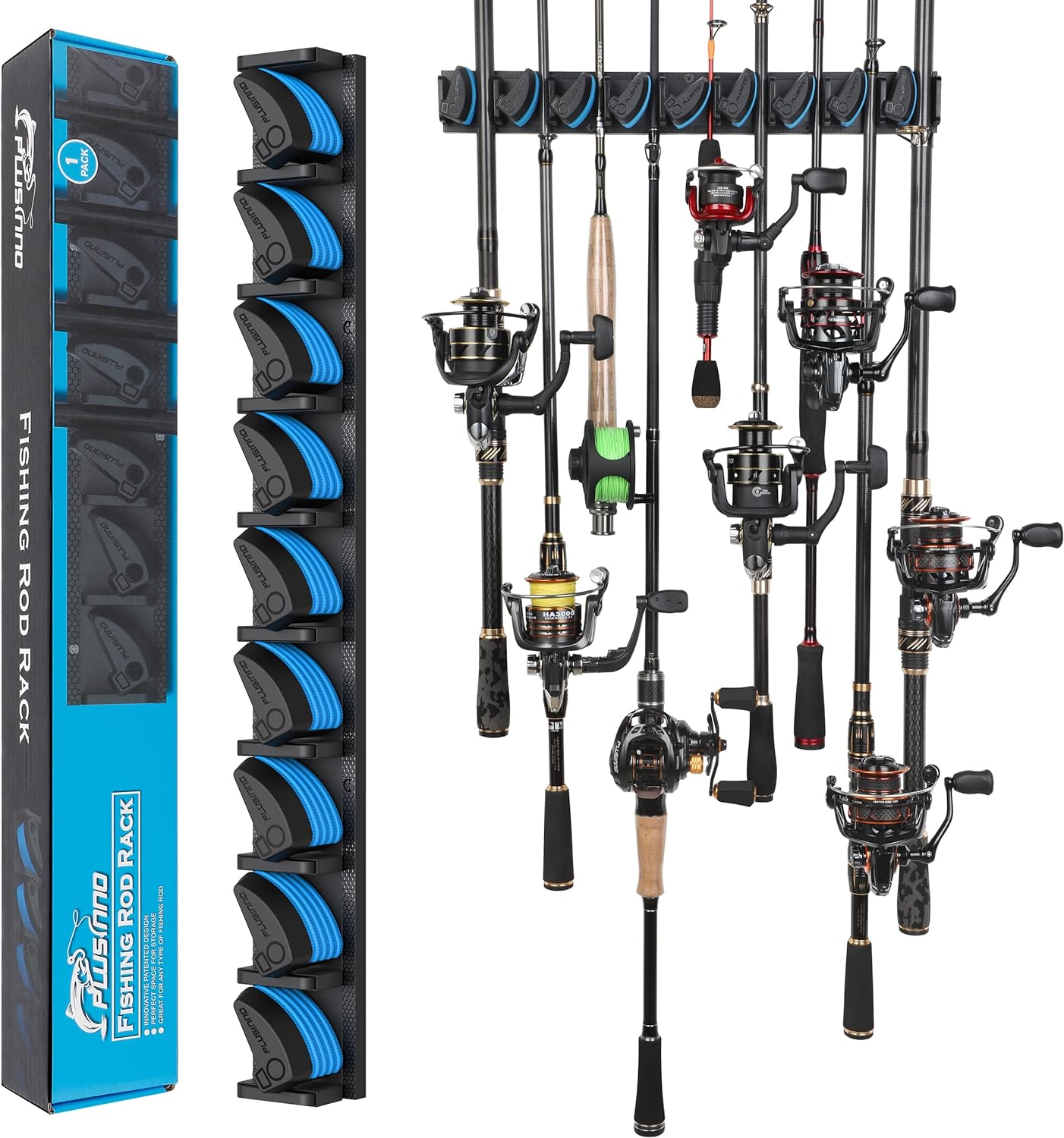 PLUSINNO Vertical Fishing Rod Holder, Wall Mounted Fishing Rod Rack, Fishing Pole Holder Holds Up to 9 Rods or Combos, Fishing Rod Holders for Garage, Fits Most Rods of Diameter 3-19mm