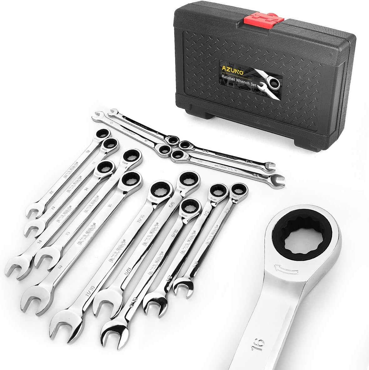 AZUNO Fixed-Head Ratcheting Wrench Set, 14-Piece Metric 8-16mm & SAE 5/16-11/16 Combination Spanner Kit, Chrome Vanadium Steel with Deluxe Case