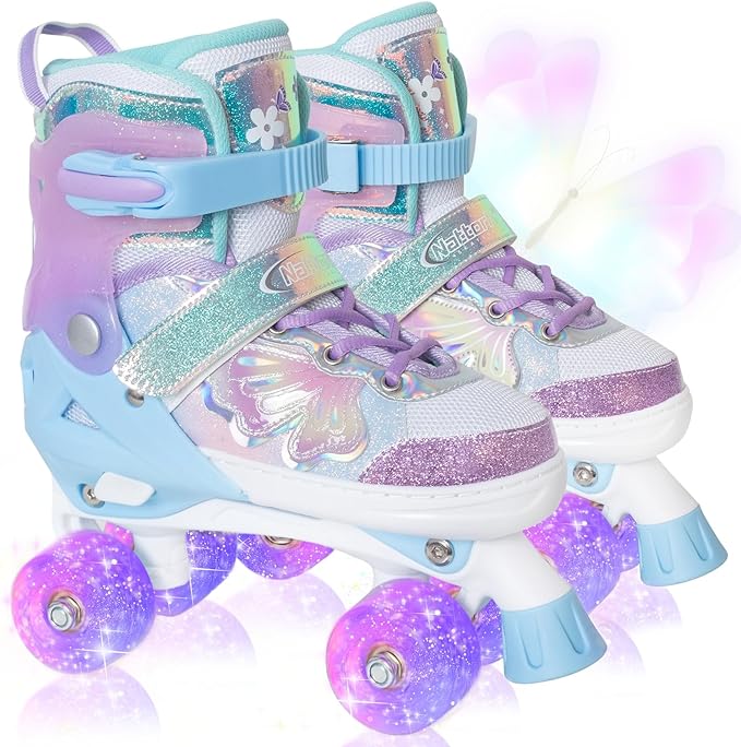 Nattork Kids Roller Skates for Girls Boys Kids, 4 Sizes Adjustable Quad Skates Butterfly and Flower with All Light up Wheels - Birthday Gift for Indoor Outdoor Sports