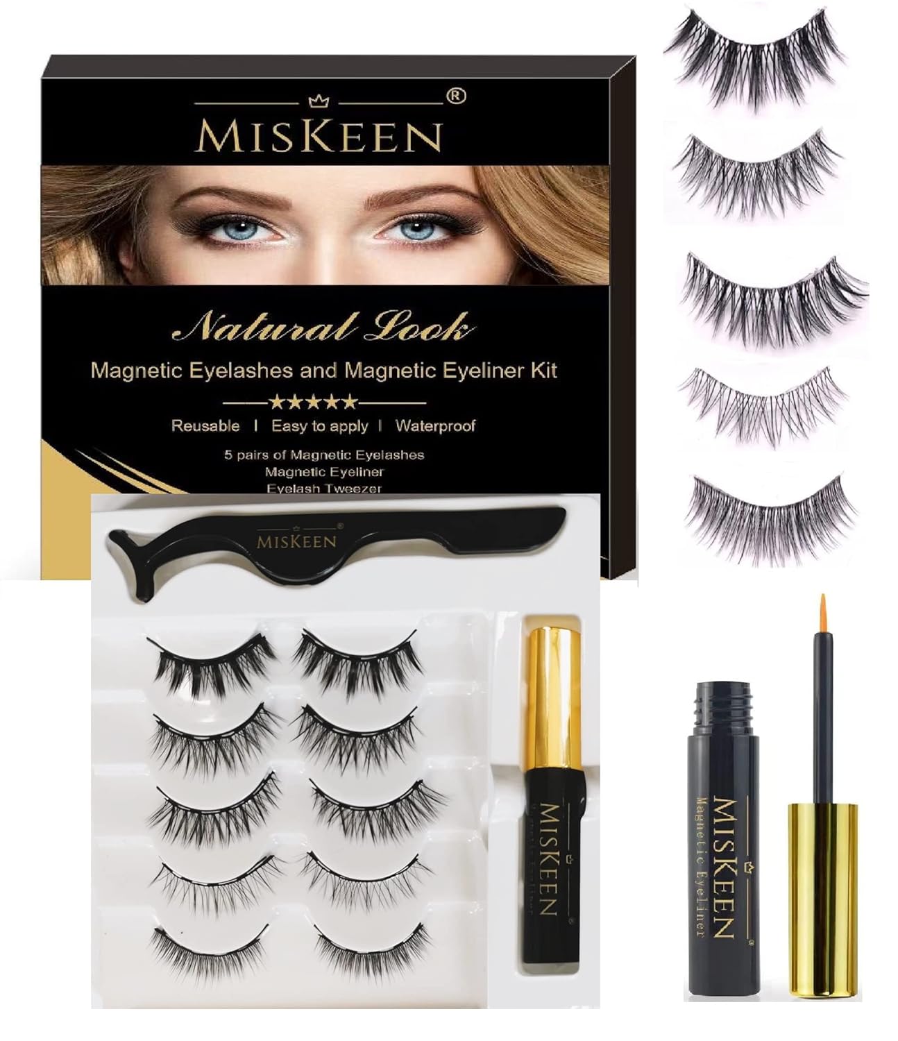 MISKEEN Magnetic Eyelashes Kit With Eyeliner 5 Pairs Lashes, Eyeliner, Tweezer Kit 3D Natural Look Reusable Long Lasting Quick Dry No Glue Required Eye lash Set