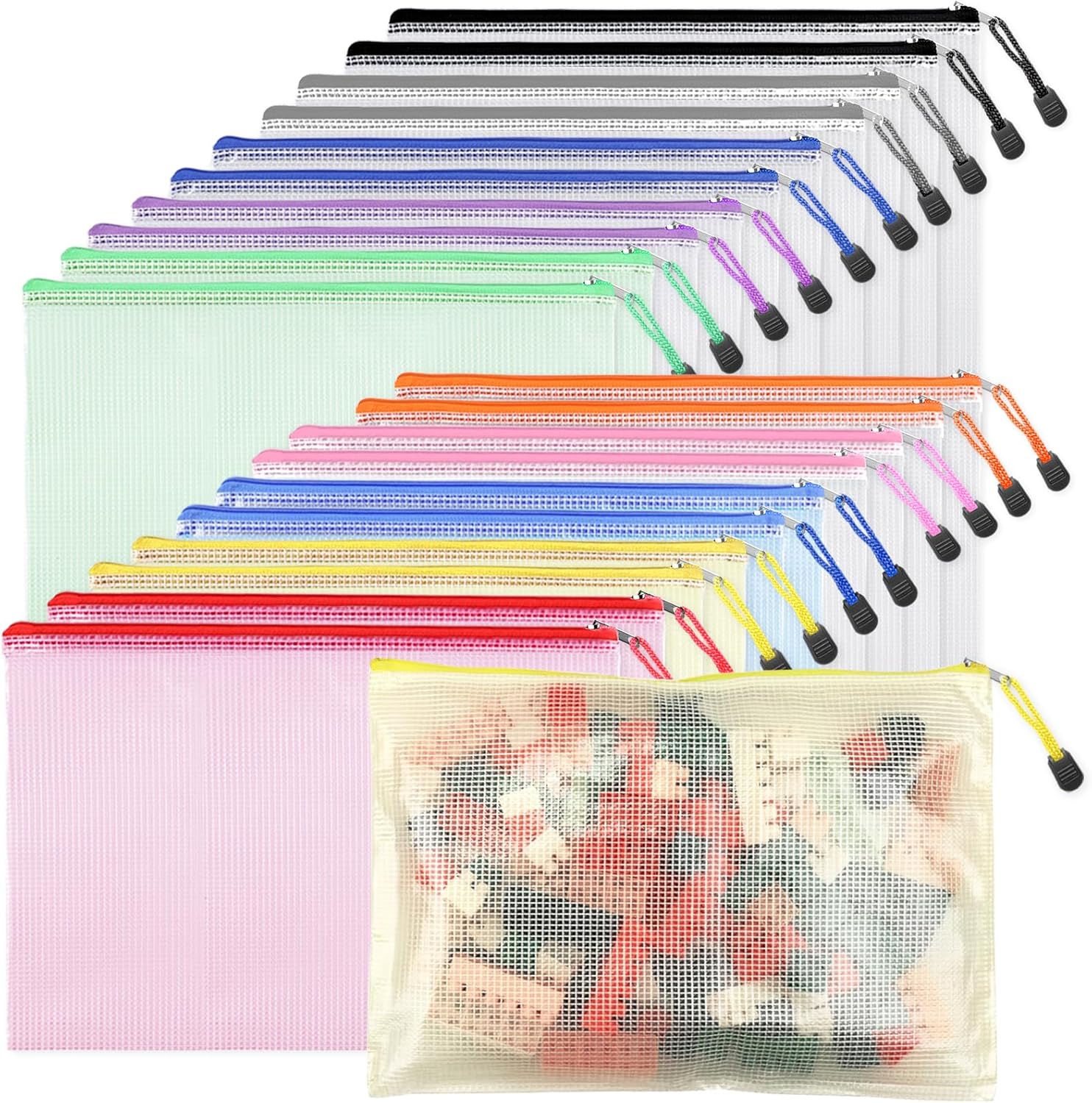 EOOUT 20pcs Mesh Zipper Pouch Bags, A4 Size Bags for Organizing, Zipper Pouches for Travel and Block Game, 10 Assorted Color Waterproof Zipper Bags for Classroom School and Storage