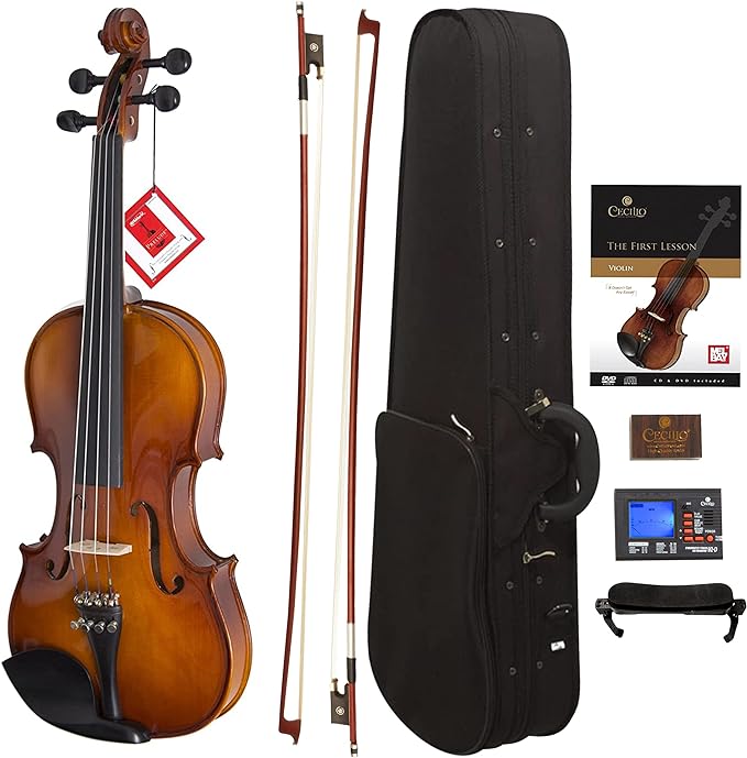 Cecilio CVN-300 Solidwood Ebony Fitted Violin with D'Addario Prelude Strings, Size 4/4 (Full Size)