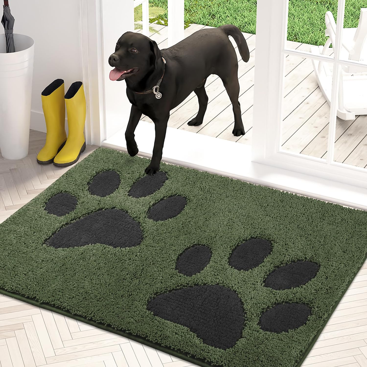 PURRUGS Dirt Trapper Door Mat 33.5" x 59", Non-Skid/Slip Machine Washable Microfiber Entryway Rug, Dog Door Mat, Super Absorbent Welcome Mat for Muddy Wet Shoes and Paws, Green