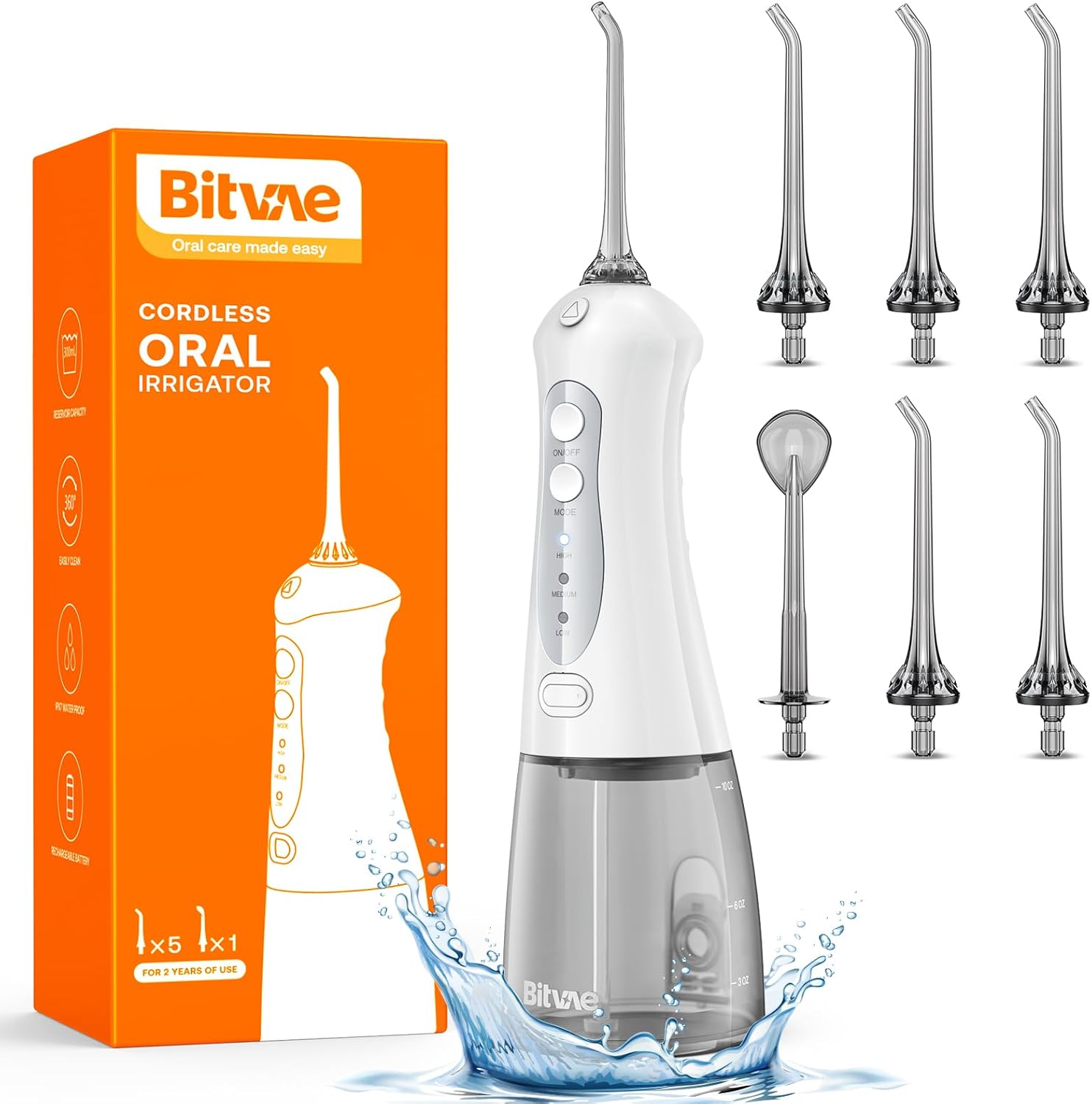 Bitvae Water Flossers for Teeth, Cordless Water Dental Pick with 6 Jet Tips & 3 Modes for All Oral Care, Ultra-fine 0.06mm Water Stream Precise for Teeth Cleaning and flossing, Easy to Use, White