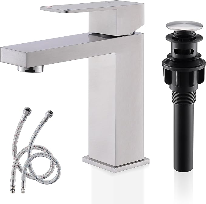 KENES Single Handle Bathroom Sink Faucet, Brushed Nickel Vanity Faucet for Bathroom Sink, with Pop Up Drain Stopper & Water Supply Lines LJ-9031