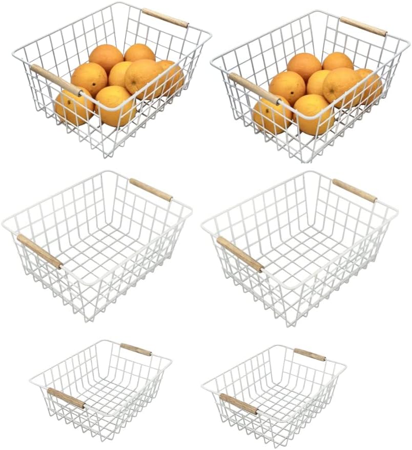 Evelots Wire Storage Baskets with Wood Handles-Pack of 6-Kitchen Cabinet, Pantry Shelf Organization, or Bathroom Metal Basket-Refrigerator/Freezer Organizer Bins-White