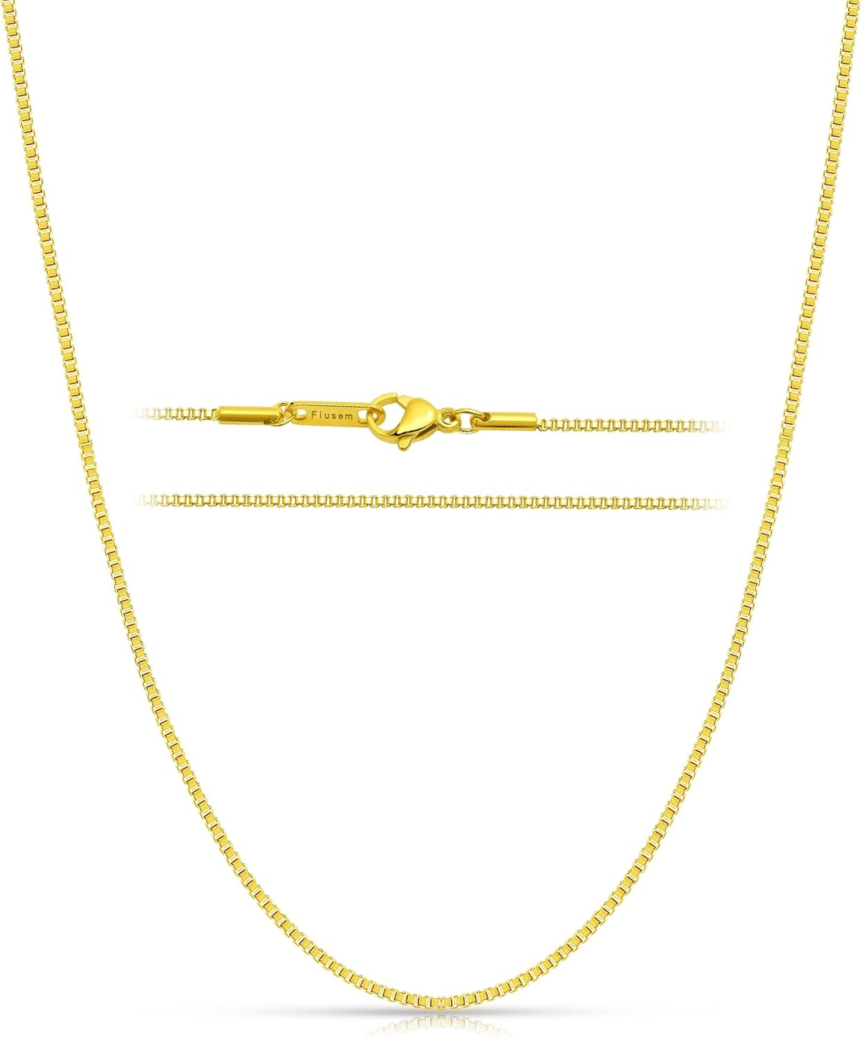 Fiusem 1.2mm Box Chain Necklace for Women, 16-24 18K Gold and Silver Plated Necklace Chain for Women, Thin Stainless Steel Chain Womens Chain 16, 18, 20, 22, 24 Inch