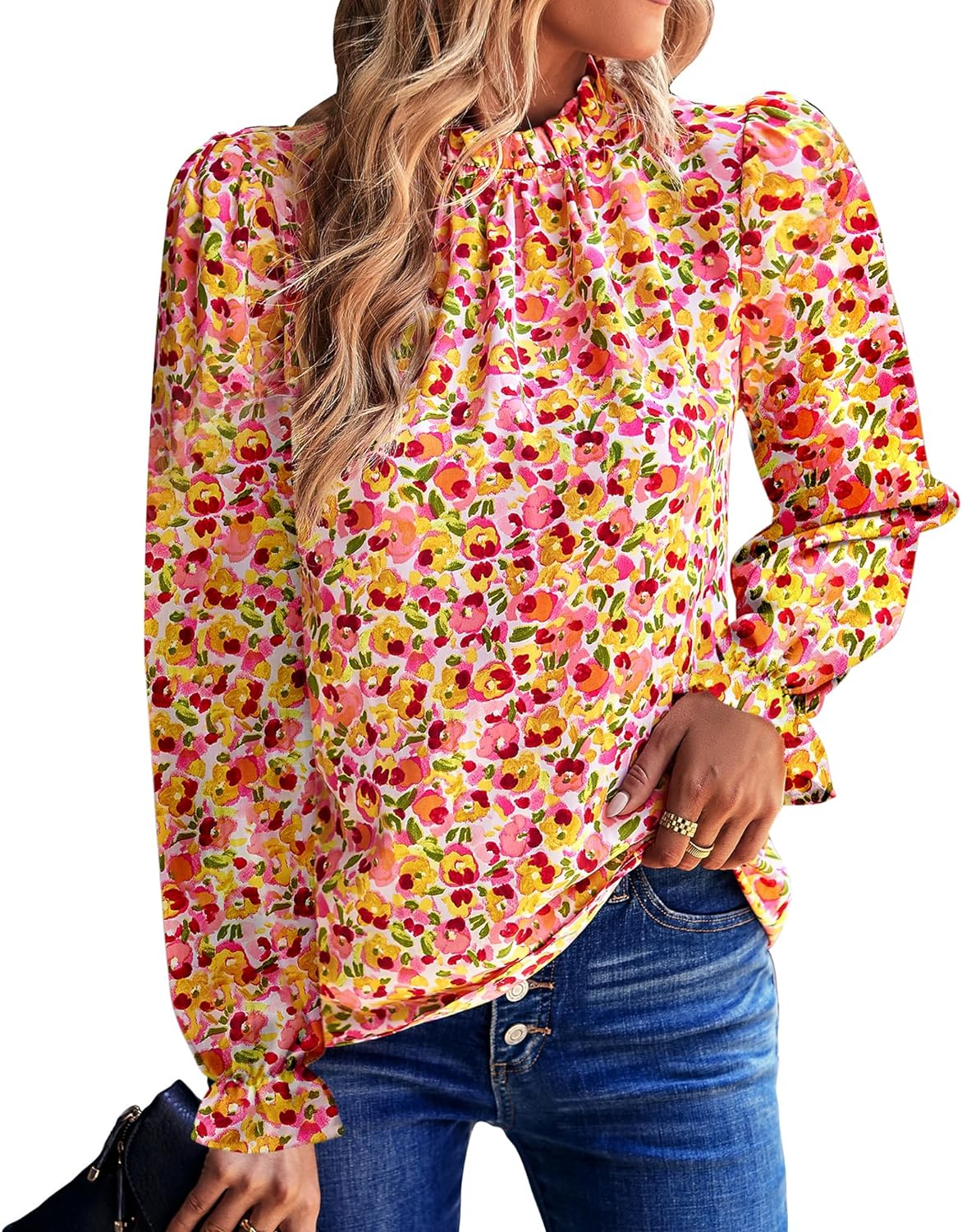 BTFBM Womens Long Sleeve Blouses Spring Summer 2024 Casual Boho Tops Frill Trim Mock Neck Floral Print Shirts Blouse Top