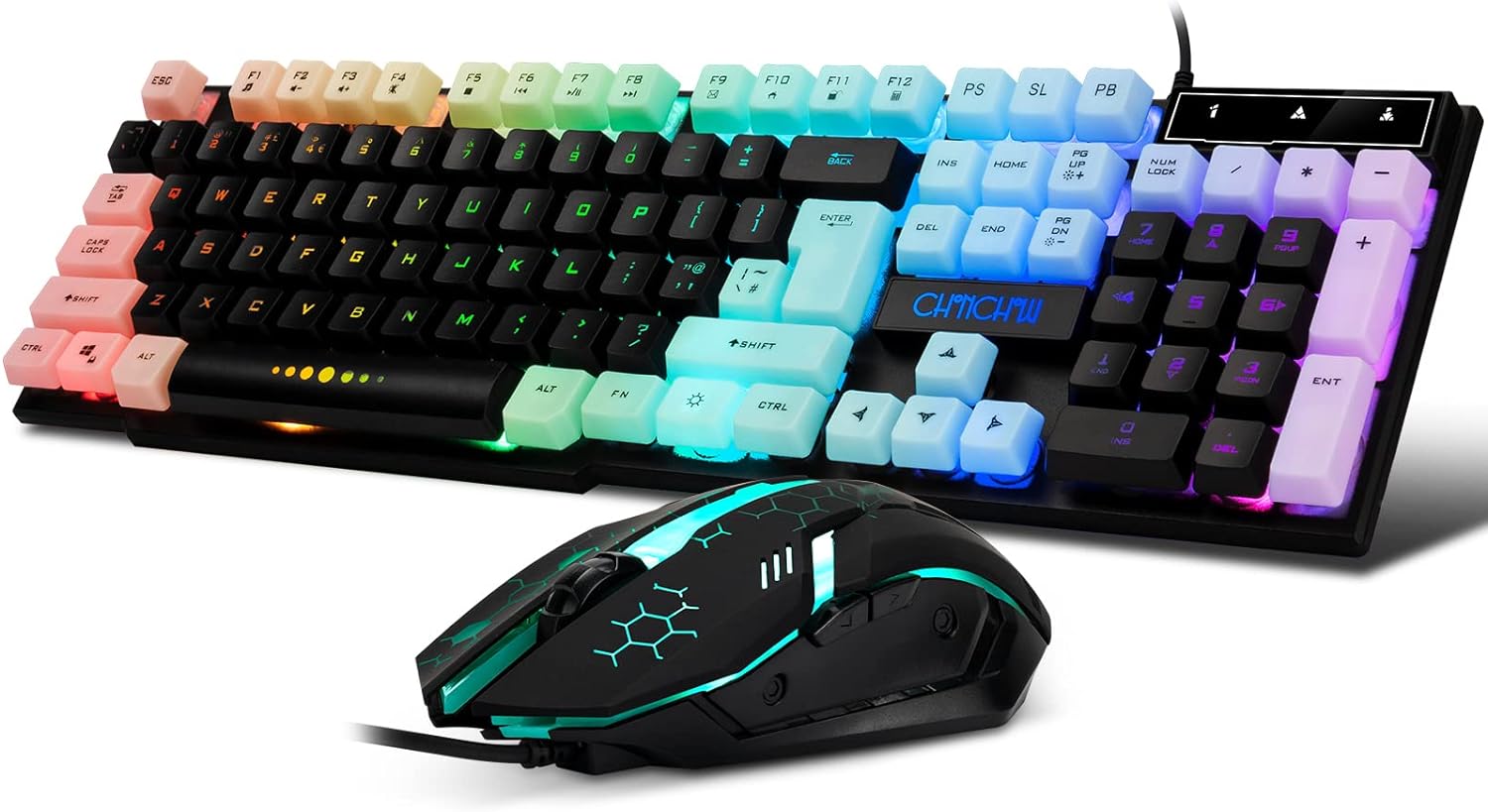 CHONCHOW Gaming Keyboard and Mouse Combo,USB Wired 104-Keys Full Size Light Up Keyboard Mic 3600DPI Rainbow Backlit Mechanical Feeling Compatible with PC Xbox Mac OS Game and Work