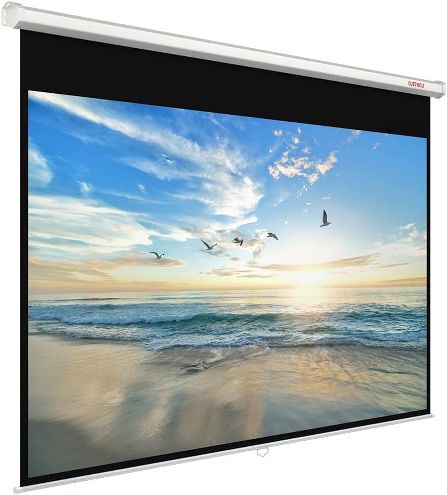 Projector Screen Manual Pull Down 112 inch 16:9 Auto Locking Indoor Outdoor 4K Ultra HD Wide Viewing Angle Wrinkle-Free Design Projection Screen Easy to Clean for Home Theater Office School by CUETHOU