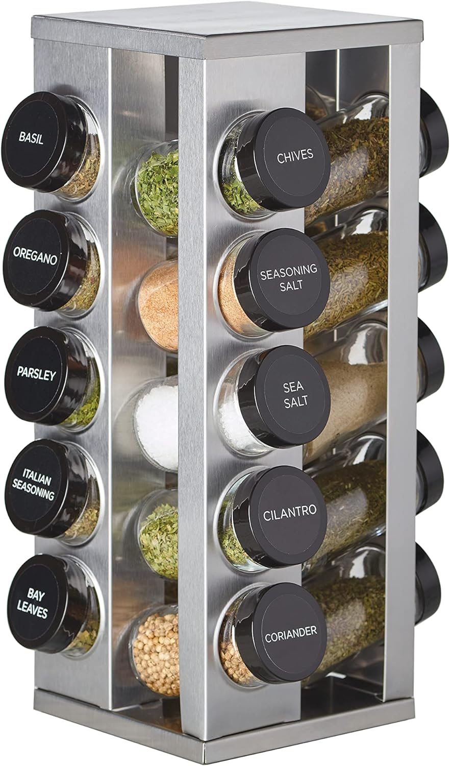 Kamenstein 20 Jar Heritage Revolving Countertop Spice Rack Organizer with Spices Included, FREE Spice Refills for 5 years, Brushed Stainless Steel with Black Caps