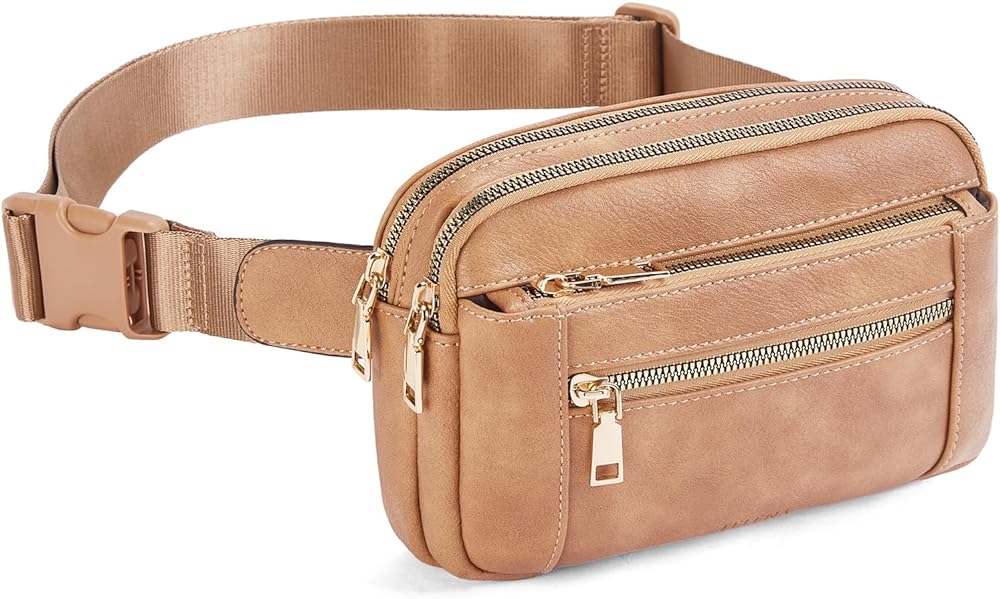 Telena Fanny Packs for Women Cross Body Bag Leather Belt Bag Fashionable Waist Bag with Adjustable Strap Camel Brown