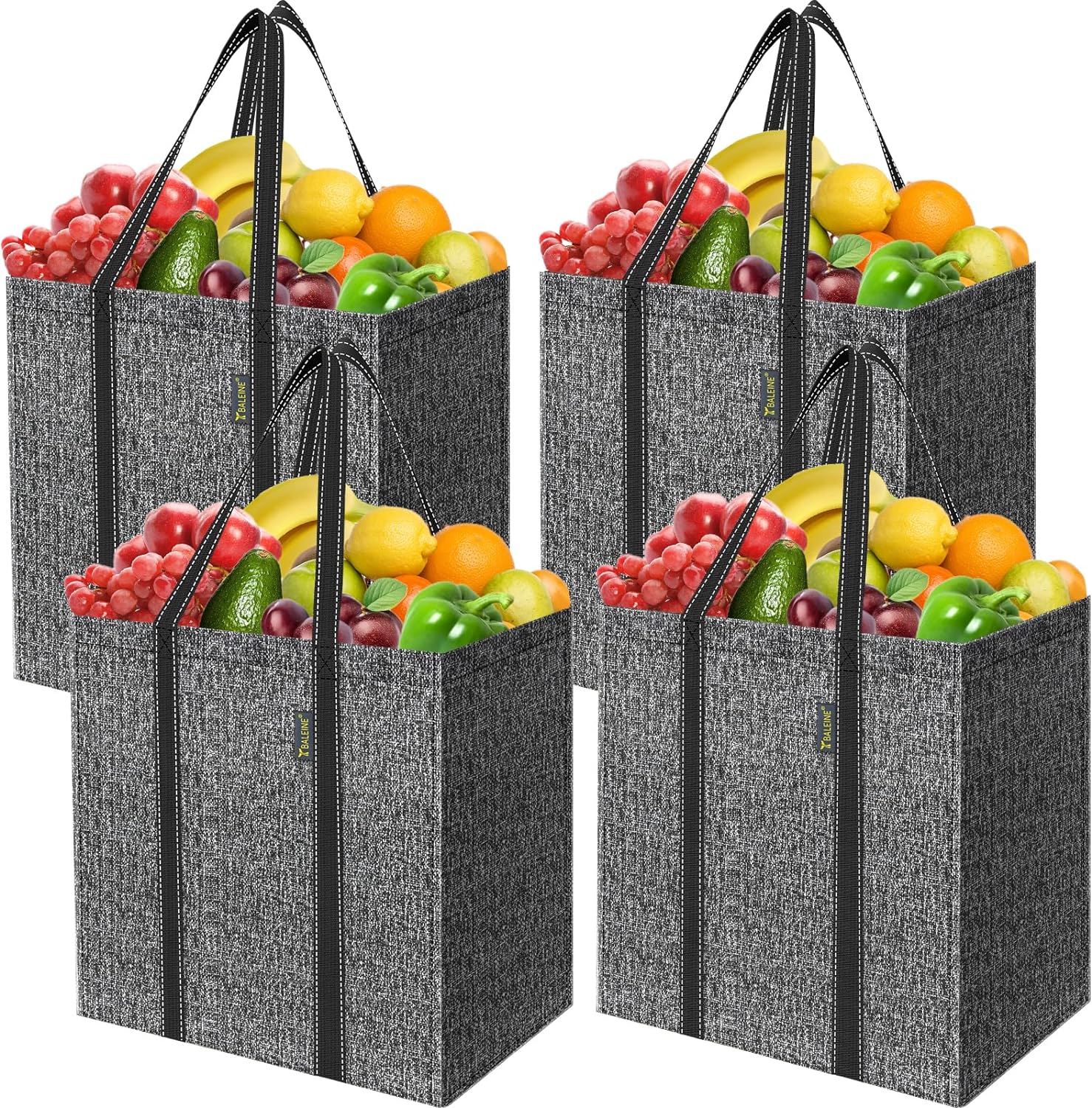 BALEINE 4 PK Grocery Bags Reusable Shopping Bags with Reinforced Bottom, Heavy Duty Foldable Tote Bags (Grey)