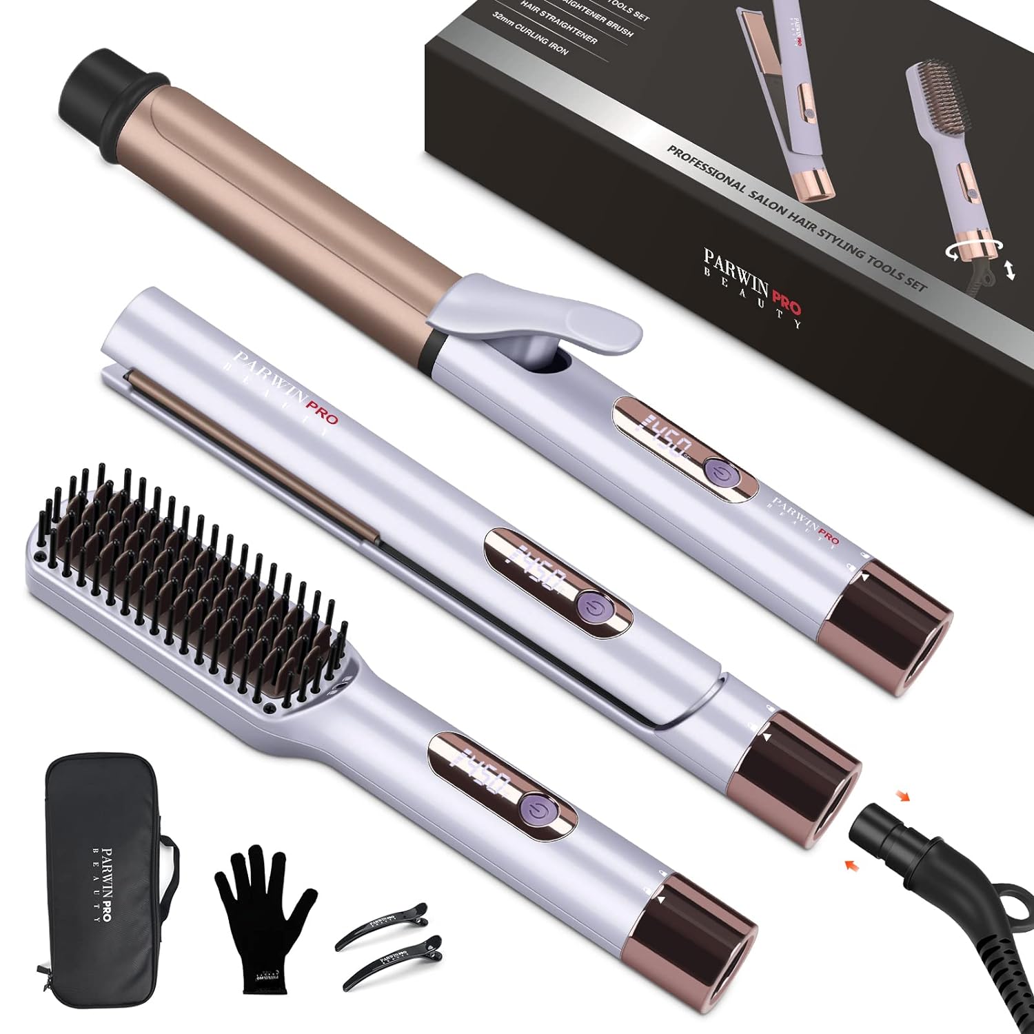 Hair Straightener and Curler, PARWIN PRO BEAUTY 1'' Flat Iron,1.25'' Curling Iron Hair Straightener Brush with Detachable Power Cord, LED Temp Control %26 Instant Heat Up, Dual Voltage, for Home Travel