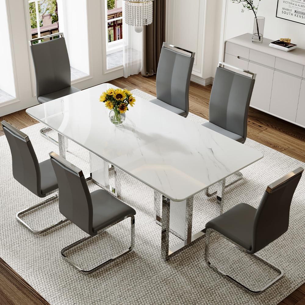 67%22+White+Dining+Table+Set+for+6%2cWhite+Glossy+Kitchen+Room+Dining+Table+with+6+Grey+Chairs%2c7+Seater+Modern+Dinner+Table+for+6-8+People%2cFaux+Marble+Table+Top+with+Chrome+Plate+Legs