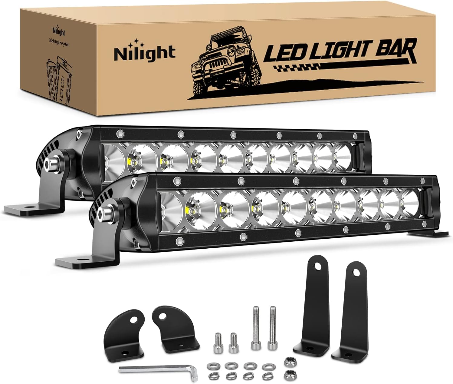 Nilight Led Light Bar Super Slim 2Pcs 11Inch 50W Flood 5000LM 3D Driving Fog Off Road Lights Work Light Pods for Trucks Pickup SUV ATV UTV Boat 4x4 Van Camper- 2 Style Mounting, 2 Years Warranty