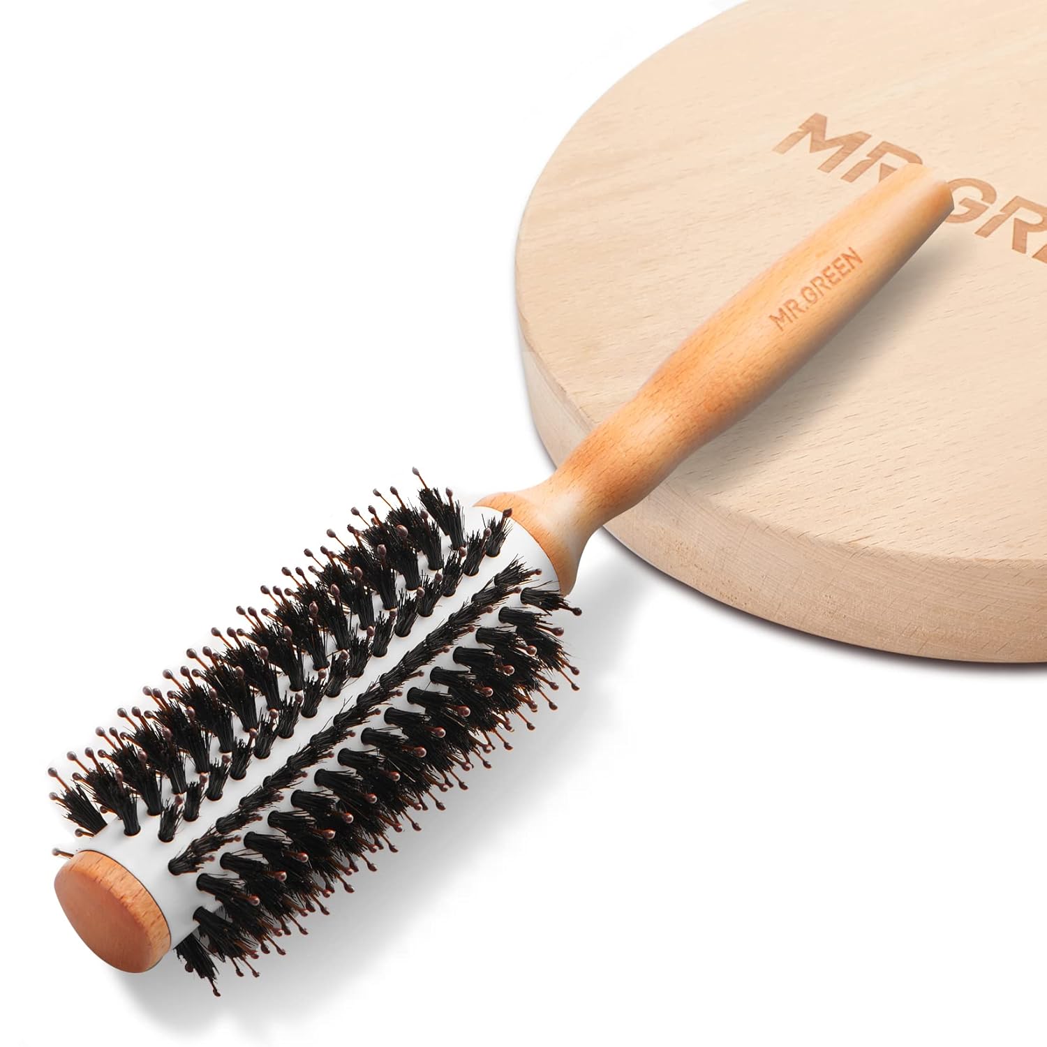 MR.GREEN Boar Bristles Hair Brush Round Styling Curling Roll Hairbrush Natural Wooden Detangling Comb for Long Curly or Any Type Multi-colored