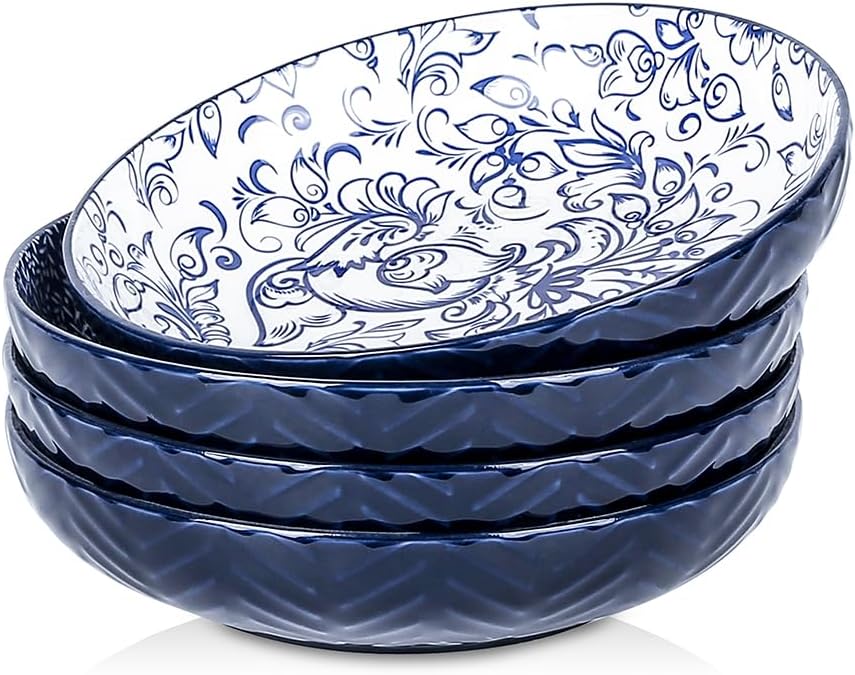 Selamica Ceramic Pasta Bowls Set 35 OZ, Large Salad Bowls 8.5 Inch Embossed Pasta Plates Bowls for Kitchen, Shallow Soup Bowls Serving Bowls, Microwave & Dishwasher Safe, Set of 4, Blue