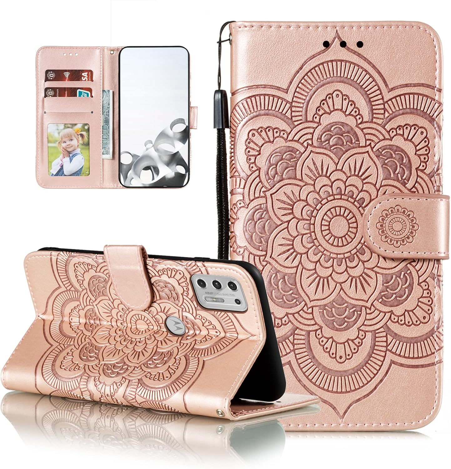 EYZUTAK Mandala Case for MOTO G Stylus 4G 2021, Premium Leather Flip Wallet Card Slots Magnetic Stand Protective Ultra Slim Shockproof Case with Lanyard, Embossed Flip Cover - Rose Gold