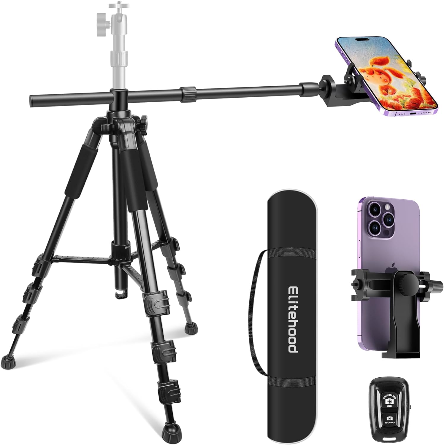 Elitehood Newest Ultra-Stable Overhead Tripod for iPhone  Heavy Duty Aluminum Tripod & 25in Horizontal Long Phone Arm, Tall Phone Stand Mount for Recording, 360°Adjustable iPhone Tripod Stand