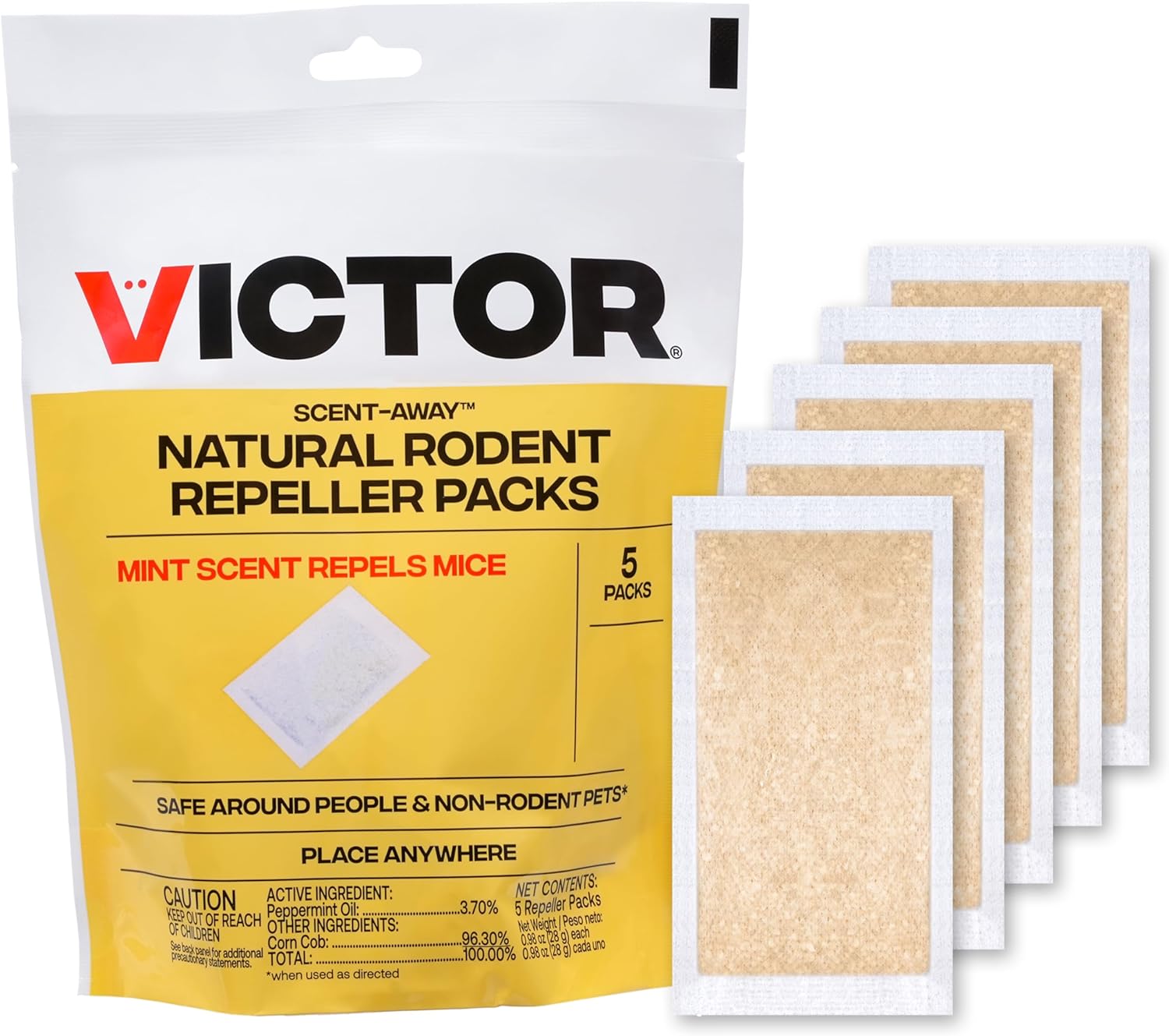 Victor M805 Scent-Away Natural Rodent Repeller  Peppermint Oil Mouse and Rat Repellent  5 High-Strength Rodent Repelling Sachets Included