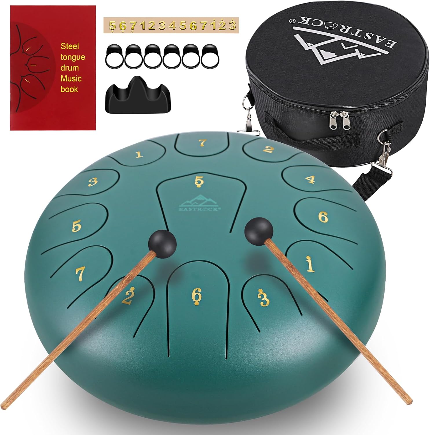 EASTROCK Steel Tongue Drum 13 Notes 12 Inches Percussion Instrument Handpan Drum C Key for Meditation Entertainment Concert Yoga with Travel Bag, Mallets, Music Book (Green)