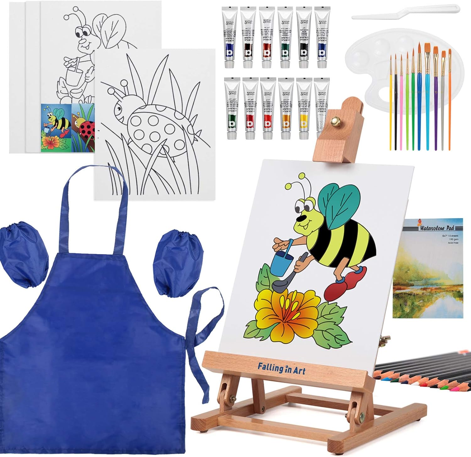 Falling in Art Painting Set for Kids with Table Easel-Acrylic Painting Starter Kit with Art Smock, 12 Acrylic Paints, 12 Water Soluble Colored Pencils, Paint Brushes, Canvas Panels and Watercolor Pad