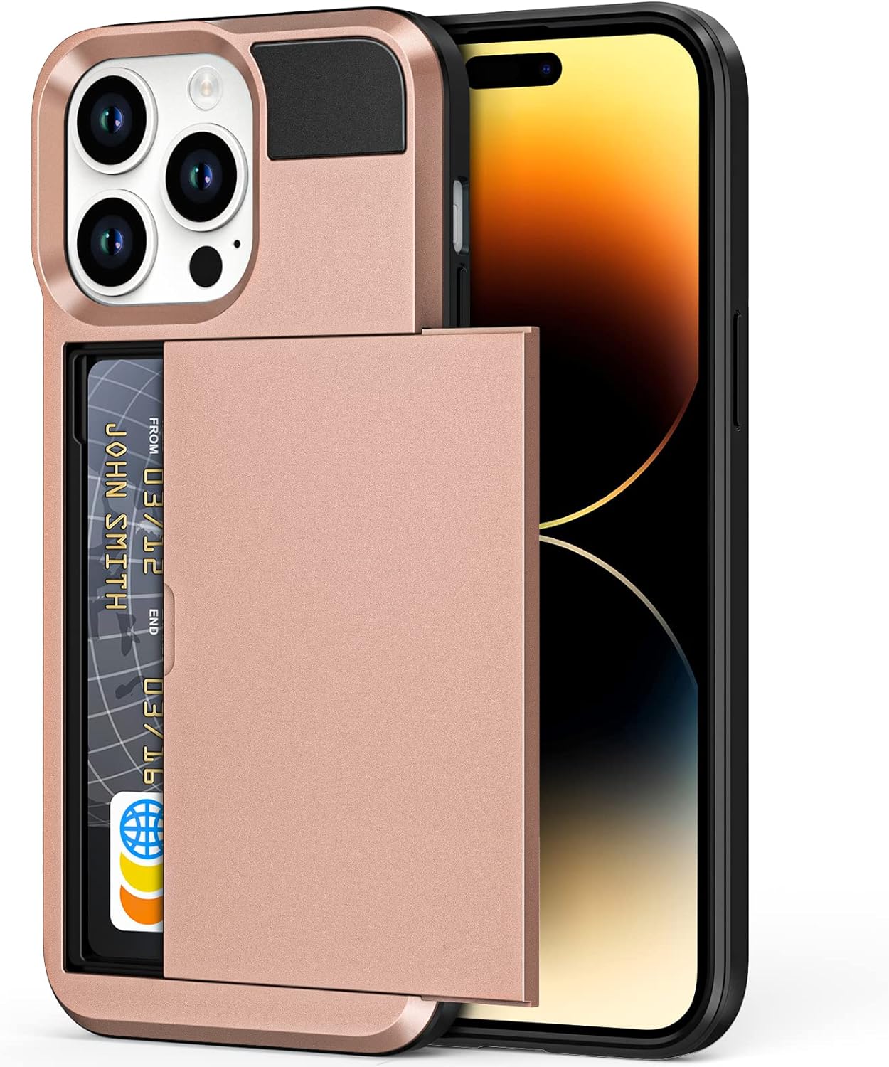 Anuck Case for iPhone 14 Pro Case with Card Holder, Shockproof Heavy Duty Wallet Case [Credit Card Slot][Slide Cover] Anti-Scratch Shell Dual Layer Armor Bumper Protective Phone Case 6.1, Rose Gold