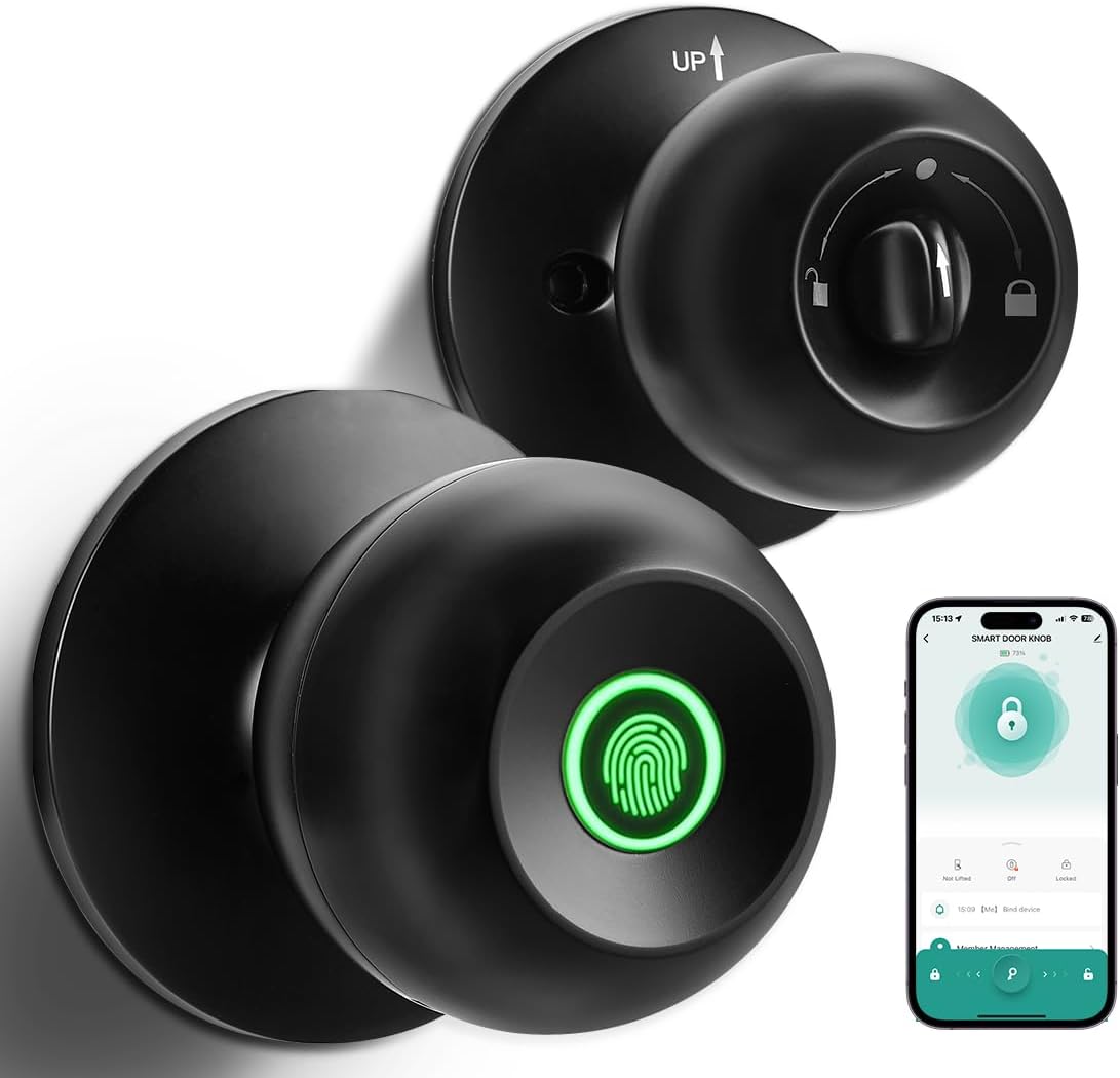 Fingerprint Door Lock, Smart Fingerprint Door Knob with Lock, Biometric Door Lock with App Control & Key, Keyless Thumbprint Entry Door Lock for Bedroom, Front Door, Home, Apartment Office and Garages