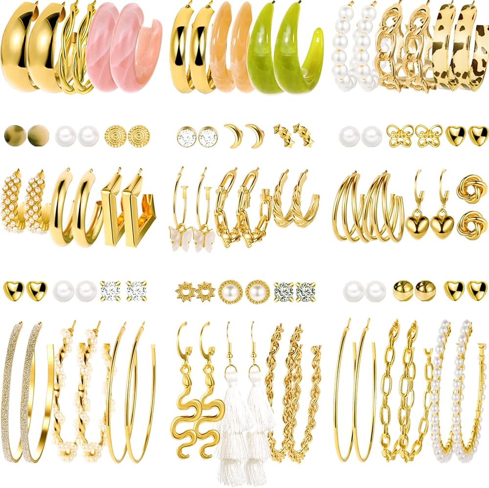 45 Pairs Gold Hoop Earrings for Girls Women, Chunky Twisted Small Big Hoops Earring Packs Set, Earrings for women multipack, Fashion Trendy Earrings Jewelry for Birthday Party Christmas Gift