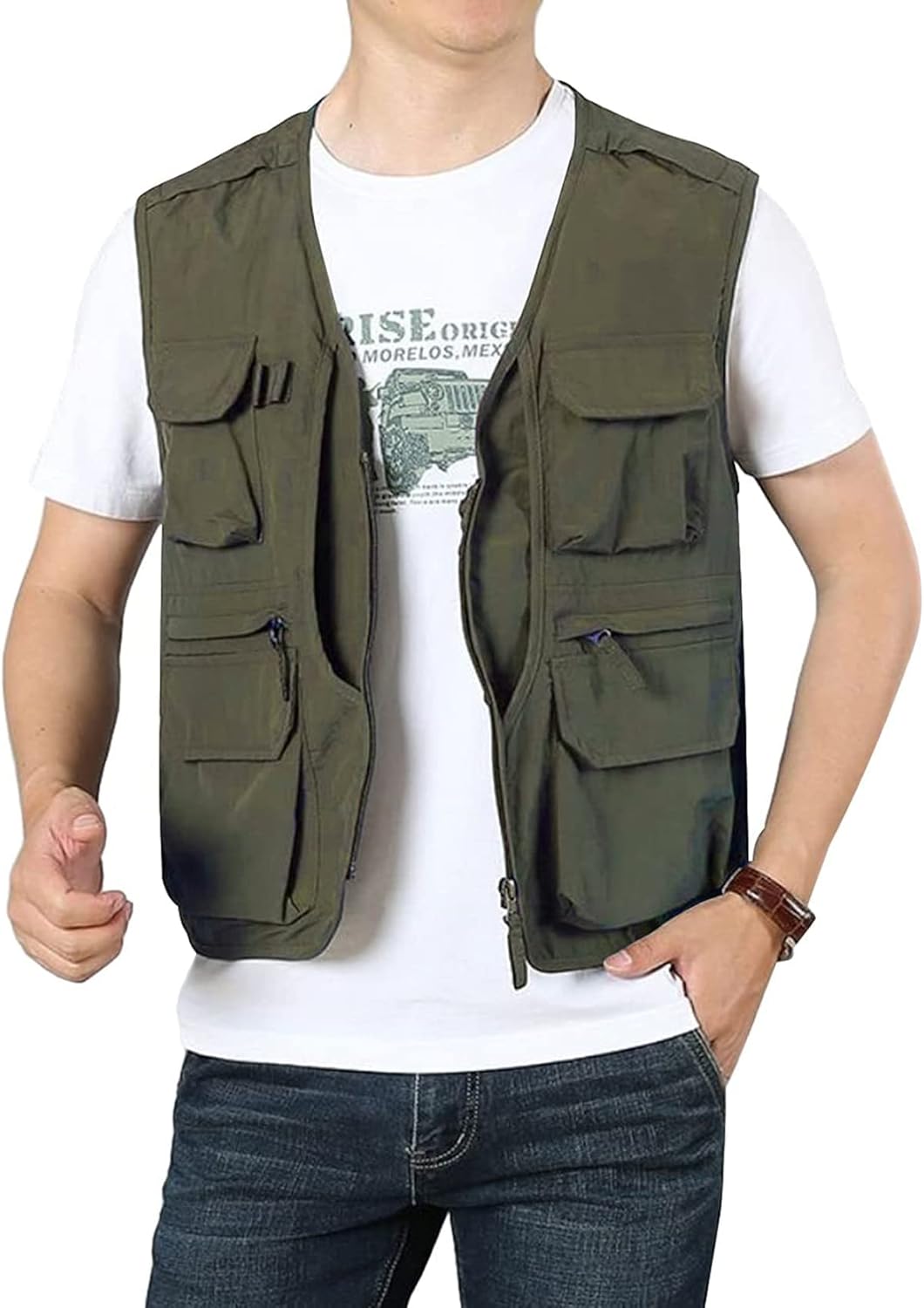 Flygo Men' Utility Cargo Vest Outdoor Fishing Safari Travel Work Photo Vest with Pockets