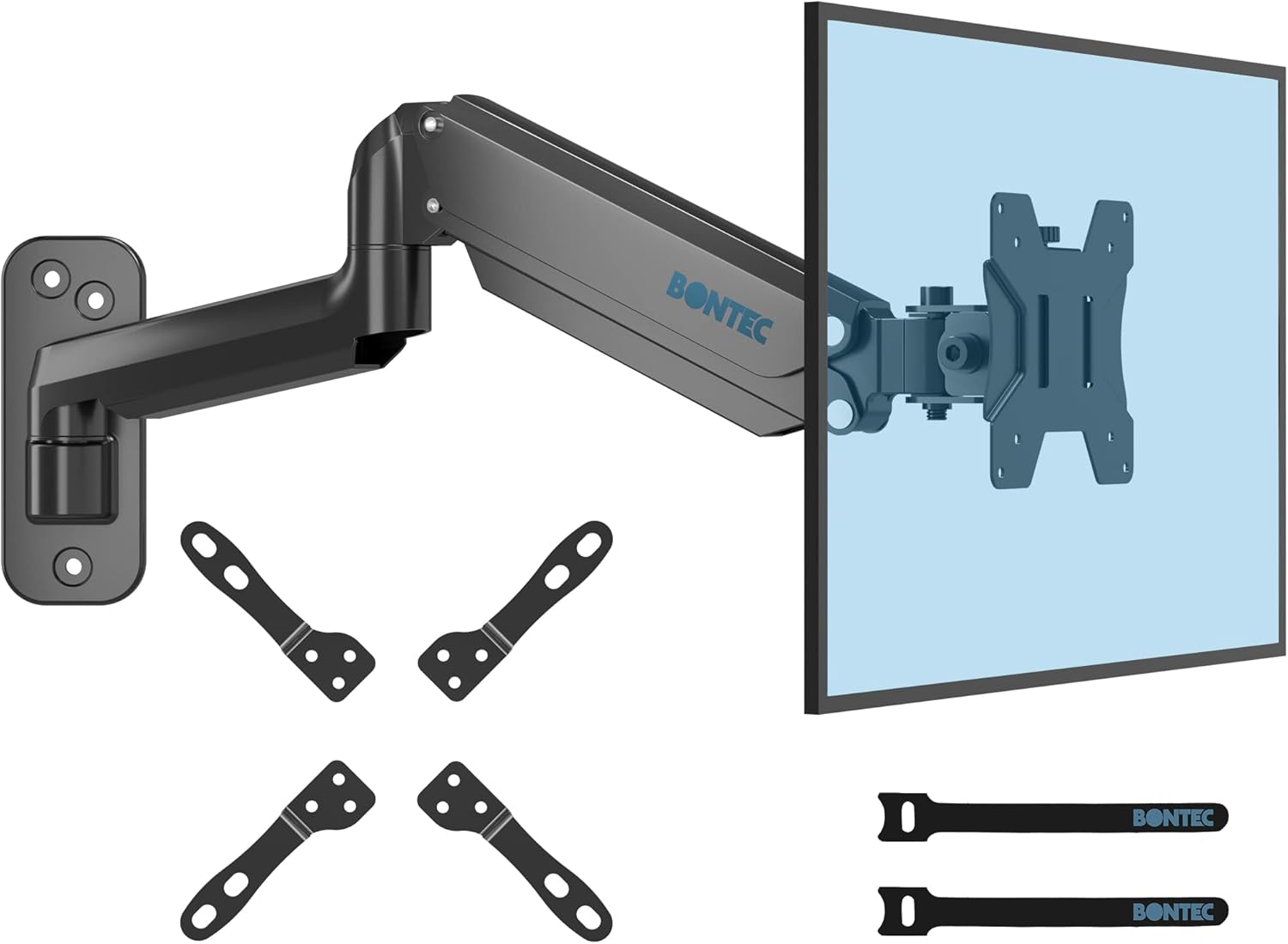 BONTEC Monitor Wall Mount Bracket for 13 to 42 Inch Screens, Gas Spring Arm Wall Mount, Height Adjustable Articulating Single Arm Wall Stand with VESA Extended Arm Up to 22.2 Inch, Max VESA 200x200