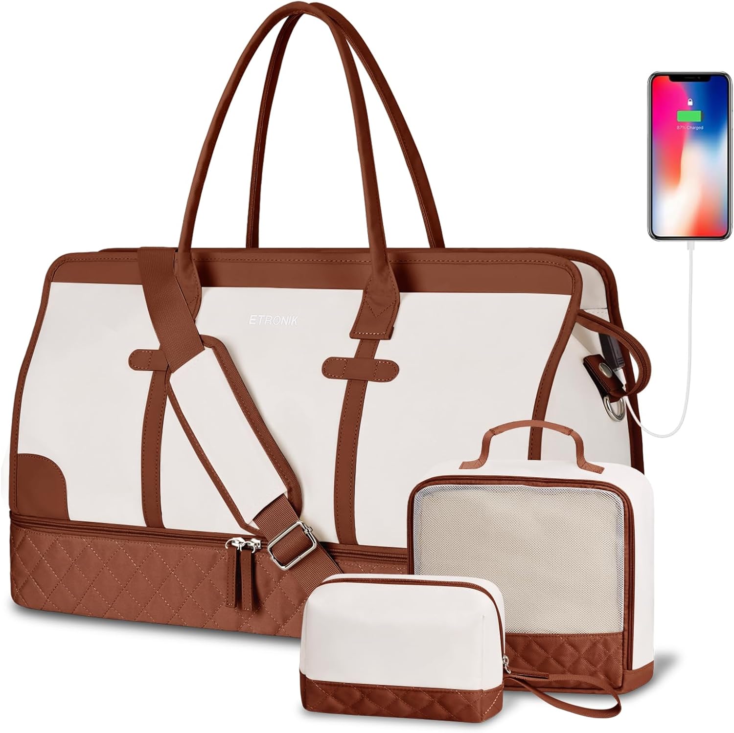 ETRONIK Weekender Overnight Bag for Women, Large Travel Duffle Bag with Shoe Compartment & Wet Pocket, Carry On Tote Bag Gym Duffel Bag with Toiletry Bag, 4 Pcs Set, Large Size, Beige-Brown