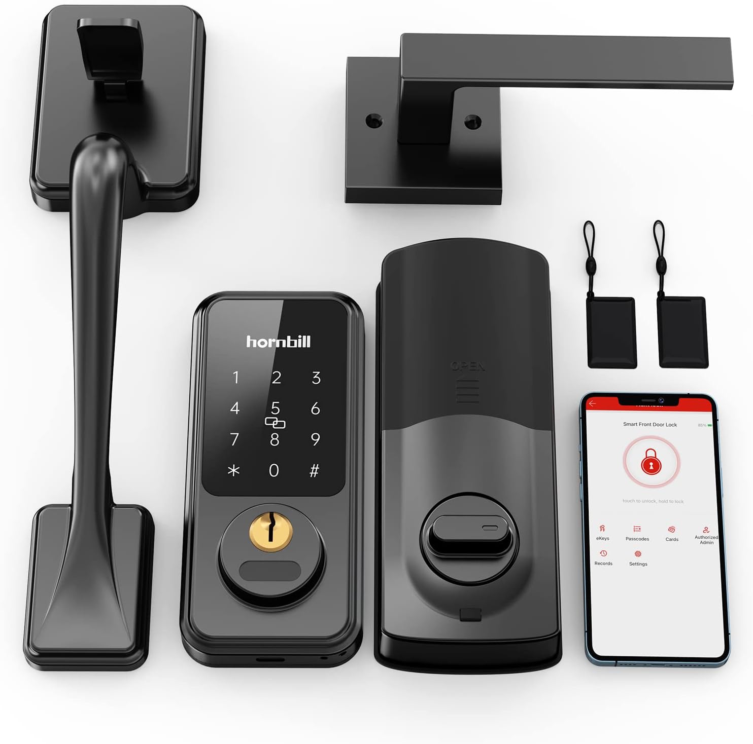 Keyless Entry Door Lock with Handle, Hornbill Smart Front Door Lock Set, Electronic Keypad Deadbolt Lock, Alexa Front Door Handle Set, Digital Lock via Bluetooth APP/Keyfob/Auto Lock-Matte Black