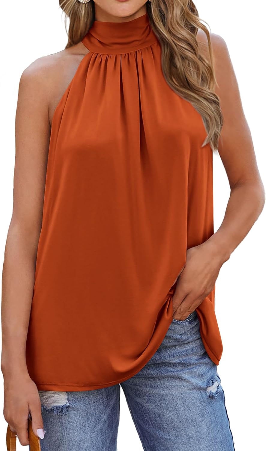 BTFBM 2024 Women Summer Sleeveless Tie Mock Neck Halter Tops Casual Bow Loose Tank Top Lightweight Dressy Blouse Shirts