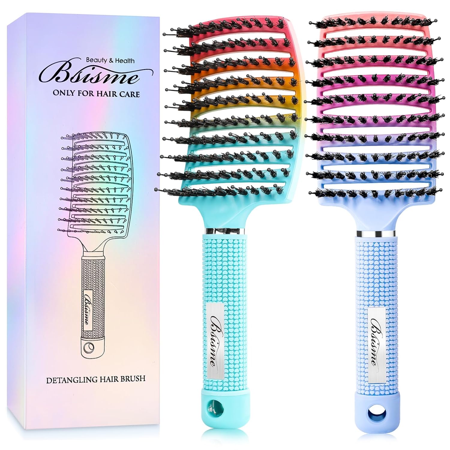 Boar Bristle Hair Brush, Curved Vented Detangler Brush Faster Blow Drying, Paddle Detangling Brush for Women Men Kids Wet Dry Long Curly Thick Straight Hair, Make Hair Shiny and Healthier(Green+Blue)