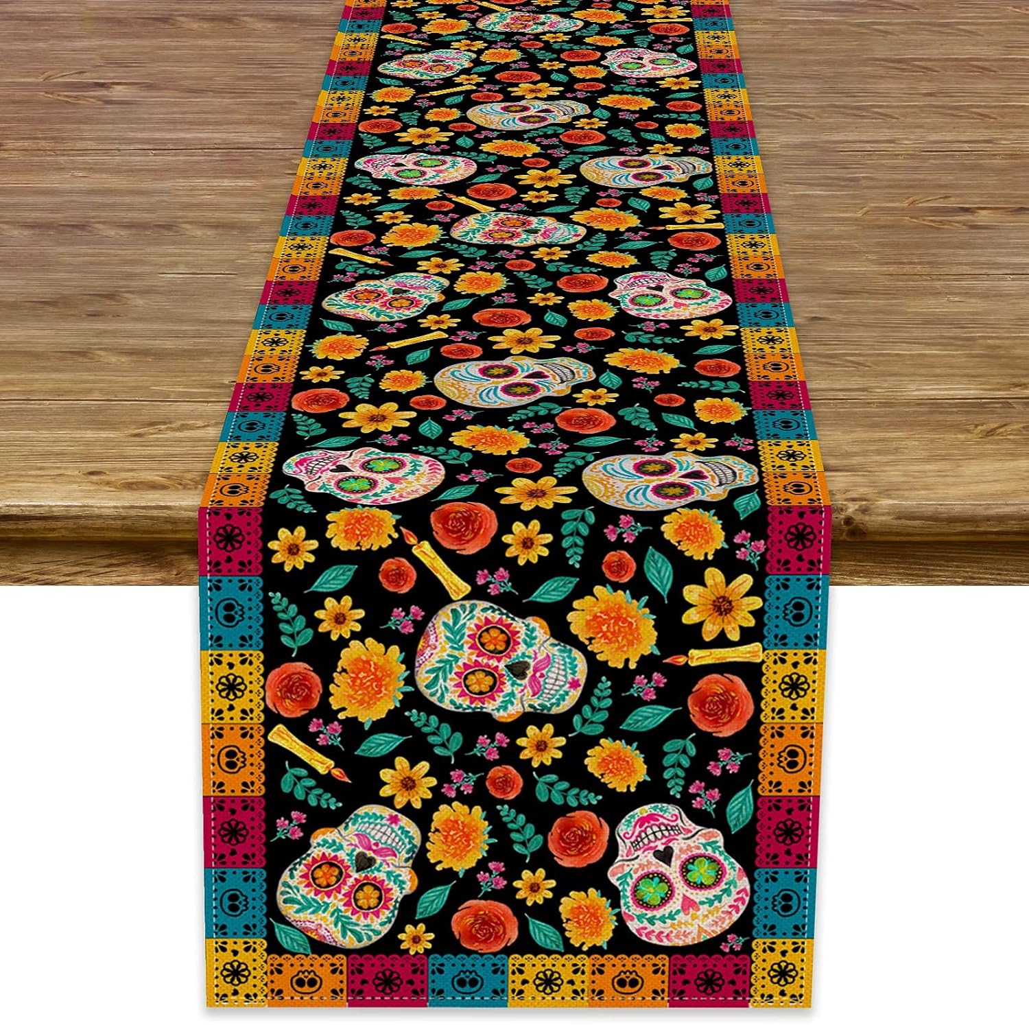 Dia De Los Muertos Table Runner Linen Mexican Sugar Skull Day of The Dead Altar Decoration for Home Kitchen Dining Room (13 x 72)