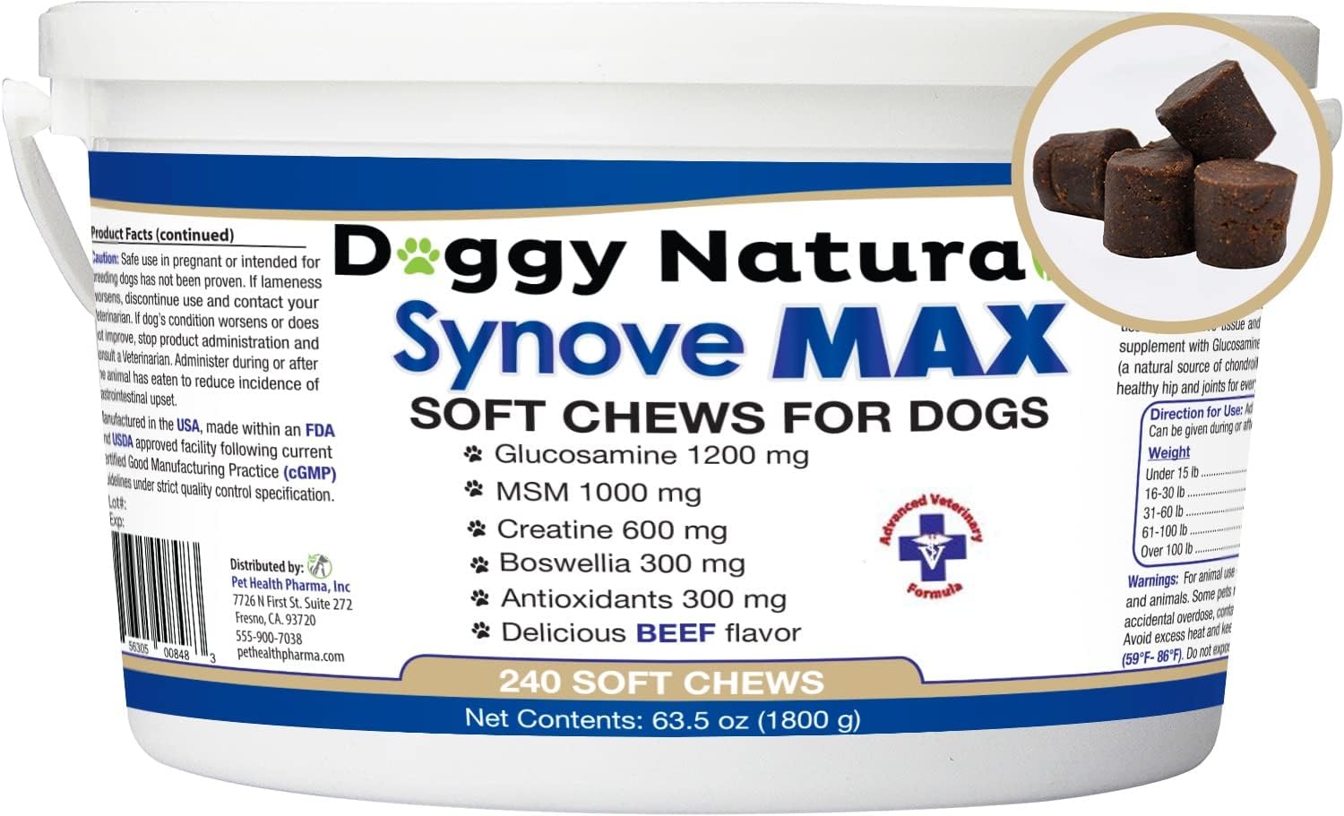 Synove Max Soft Chews for Dogs (240 Count) Beef Flavor, Joint Supplement, Glucosamine, Turmeric, Boswelllia serrata, Creatine Naturally Derived Ingredients better than synovi g4 soft chew