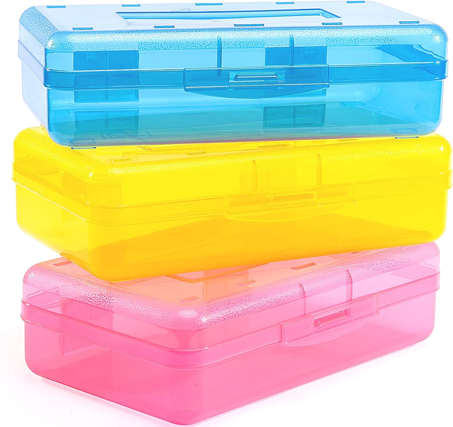 Sooez 3 Pack Large Capacity Hard Pencil Case, Plastic Crayon Pencil Boxes Bulk with Snap-tight Lid, Clear Storage Box Craft Pen Art Marker Organizer Stackable for Kids Boys School