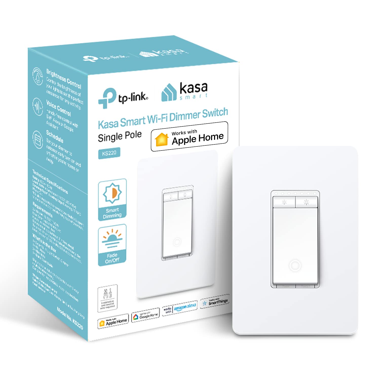 Kasa Apple HomeKit Smart Dimmer Switch KS220, Single Pole, Neutral Wire Required, 2.4GHz Wi-Fi Light Switch Works with Siri, Alexa and Google Home, UL Certified, No Hub Required, White