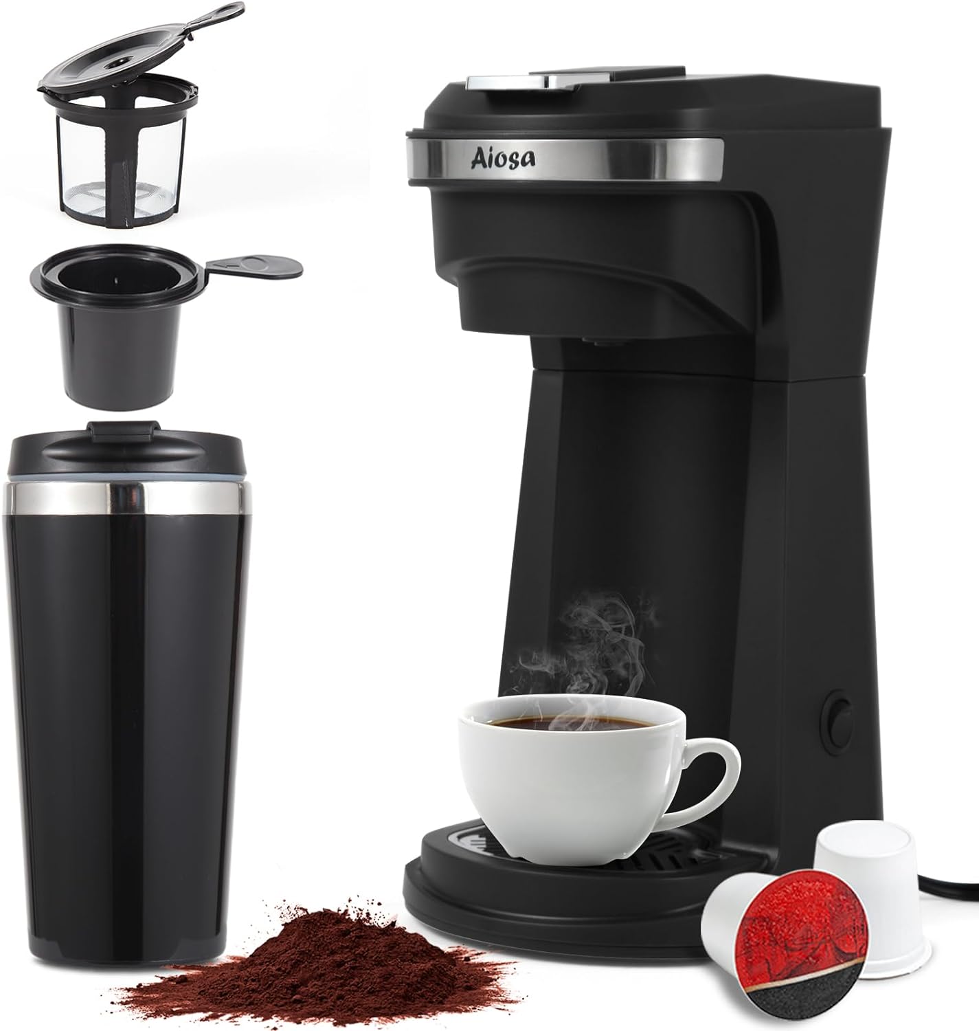 Aiosa 2 in 1 Single Serve K cup Coffee Maker 6-14Oz,With Travel Cup,Mini Single Coffee Maker Machine,One Button Operation,Auto Shut Off,800W With Reusable Filter, One Cup Coffee Maker