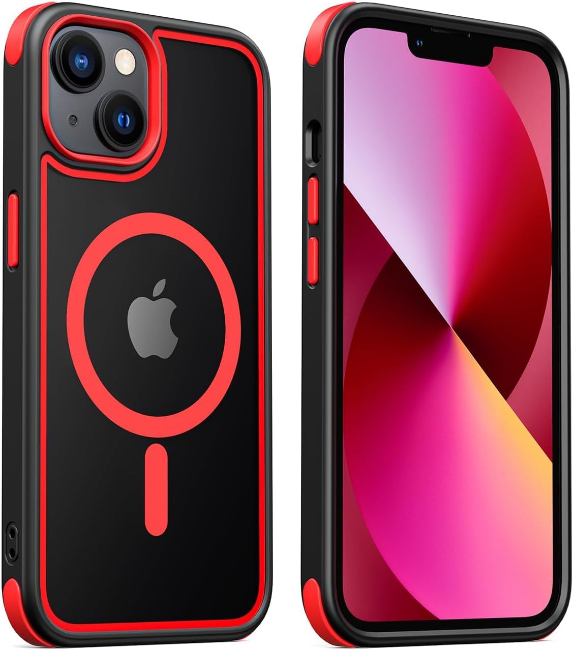 for iPhone 14 Case/iPhone 13 Case, Compatible with MagSafe, Crystal Clear Case w/Magnetic Ring, Multicolor Protective Shockproof Bumpers, Not Yellowing Slim Cover for Men Women (Black/Red)