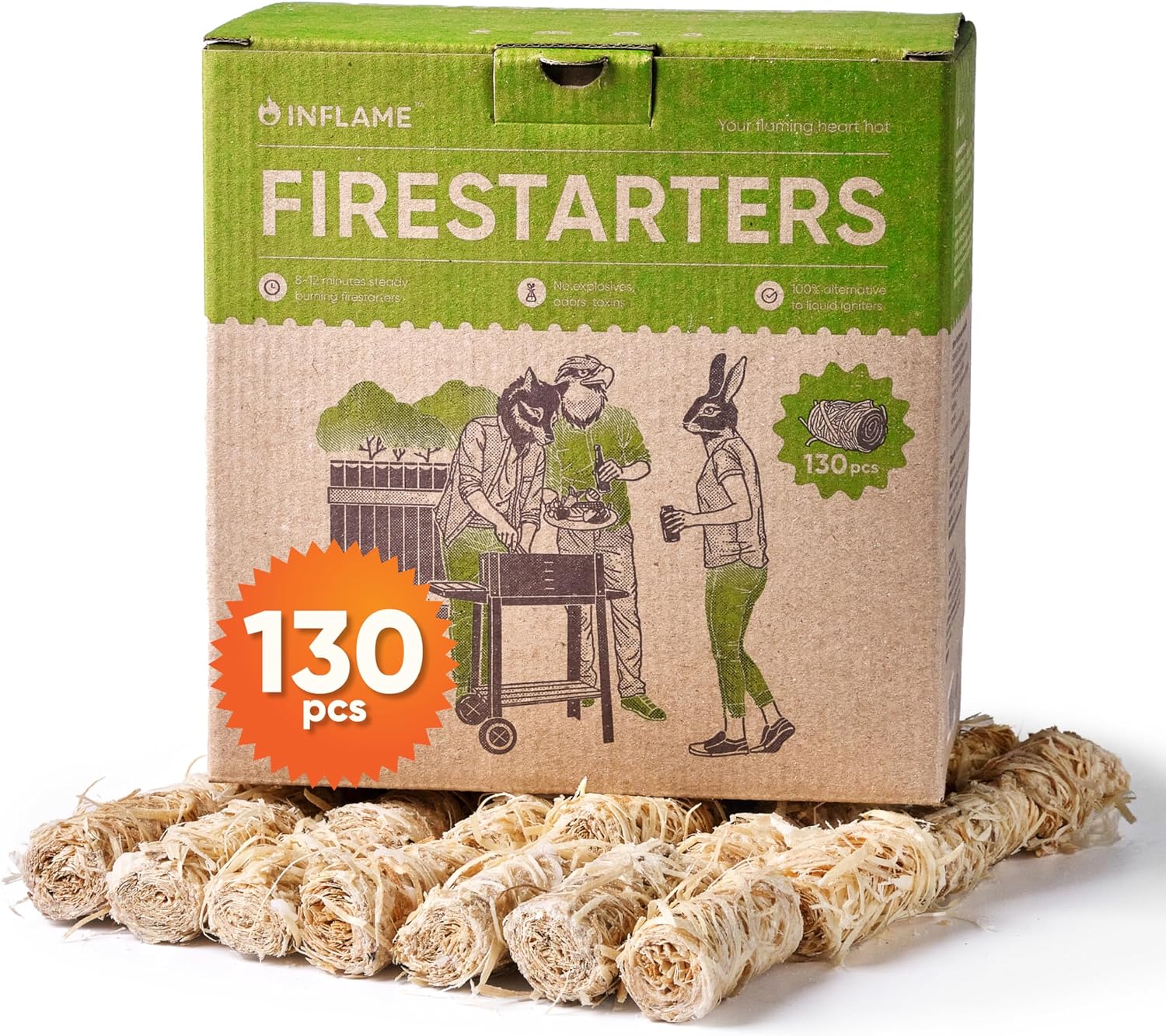 Inflame Fire Starters 130 pcs Fire Starters for Campfires, Grill, BBQ, Fireplace, Woodstove - Charcoal Starter - Waterproof, Weather-Resistant - Natural Wood Fireplace Starters