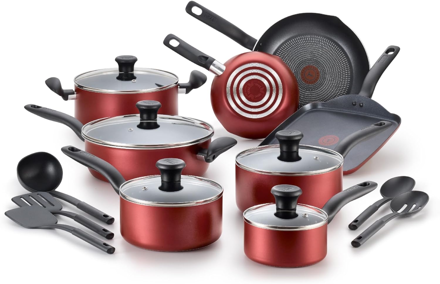 T-fal Initiatives Nonstick Cookware Set 18 Piece, Oven Broiler Safe 350F, Kitchen Cooking Set w/ Fry Pans, Saucepans, Saute Pan, Dutch Oven, Griddle, Pots and Pans, Home, Dishwasher Safe, Red