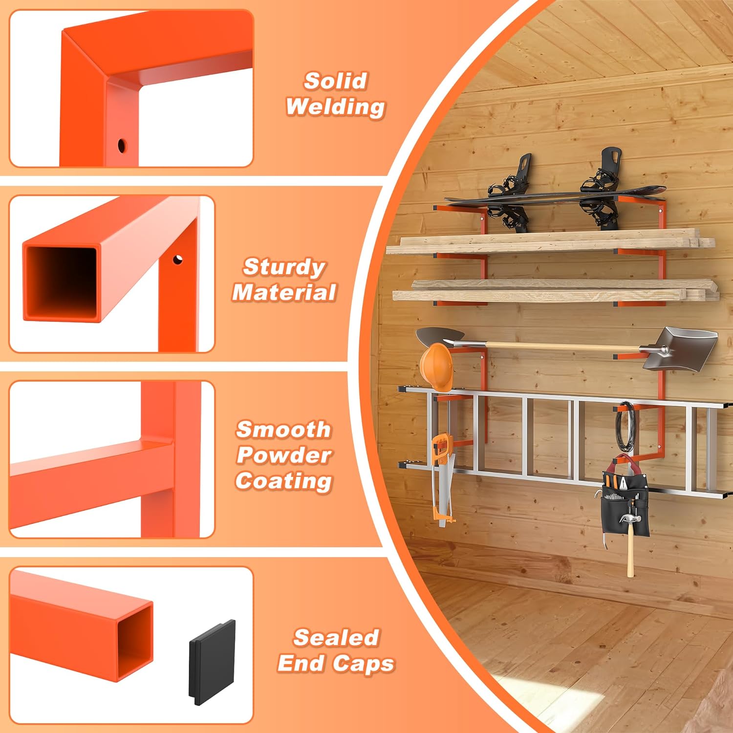 Ultrawall Lumber Storage Rack Wall Mount Wood Storage Racks, Metal Wood Organizer Racks for Shed, Workshop, Garage, Holds Up 220 LBS Per Level (Pack of 4, Orange)